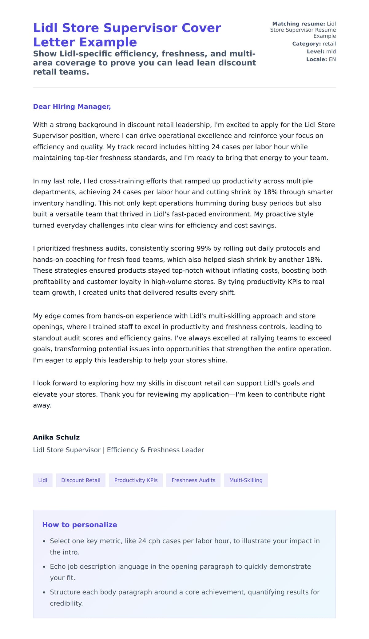 Cover Letter preview for Lidl Store Supervisor Cover Letter Example