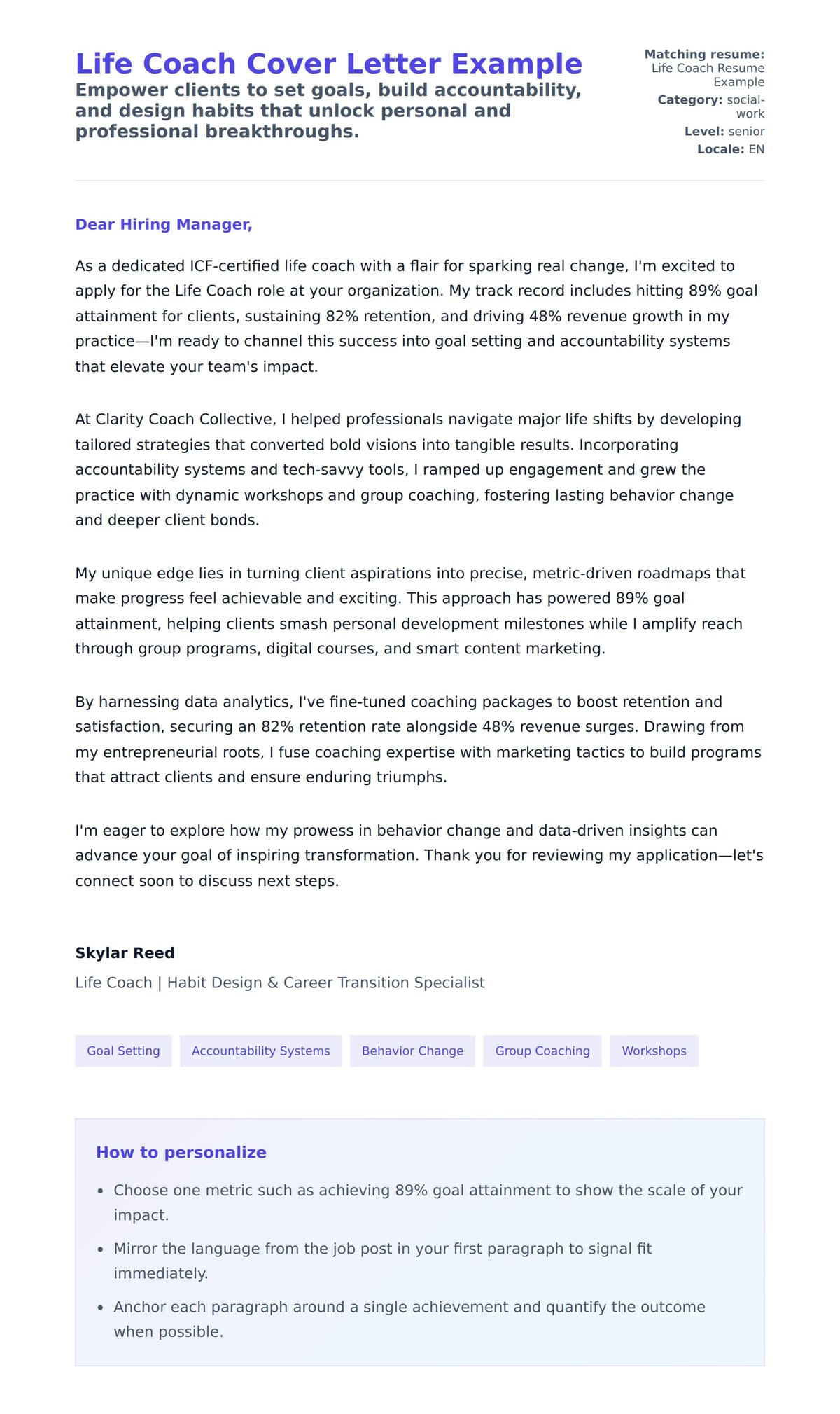 Cover Letter preview for Life Coach Cover Letter Example