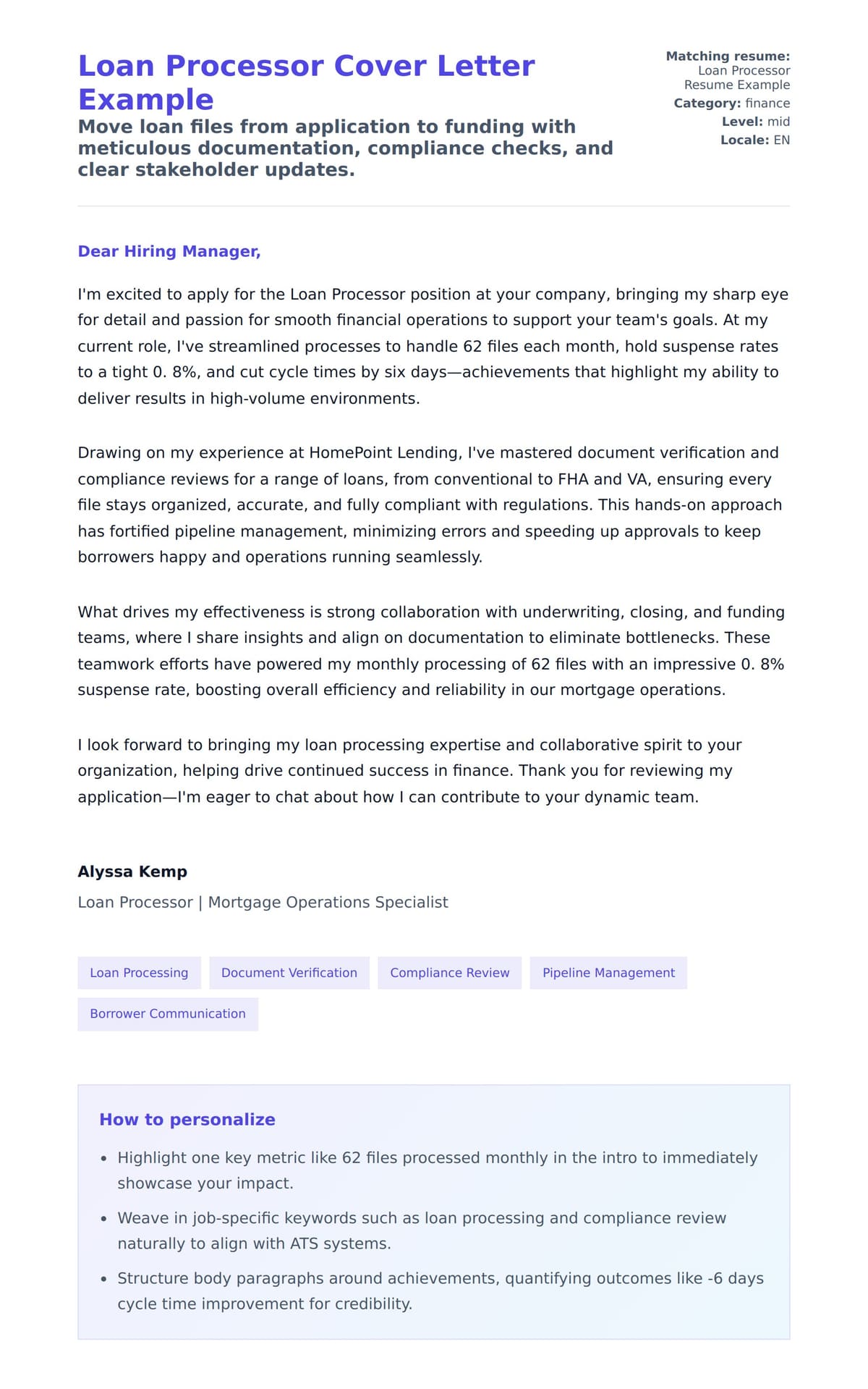 Cover Letter preview for Loan Processor Cover Letter Example