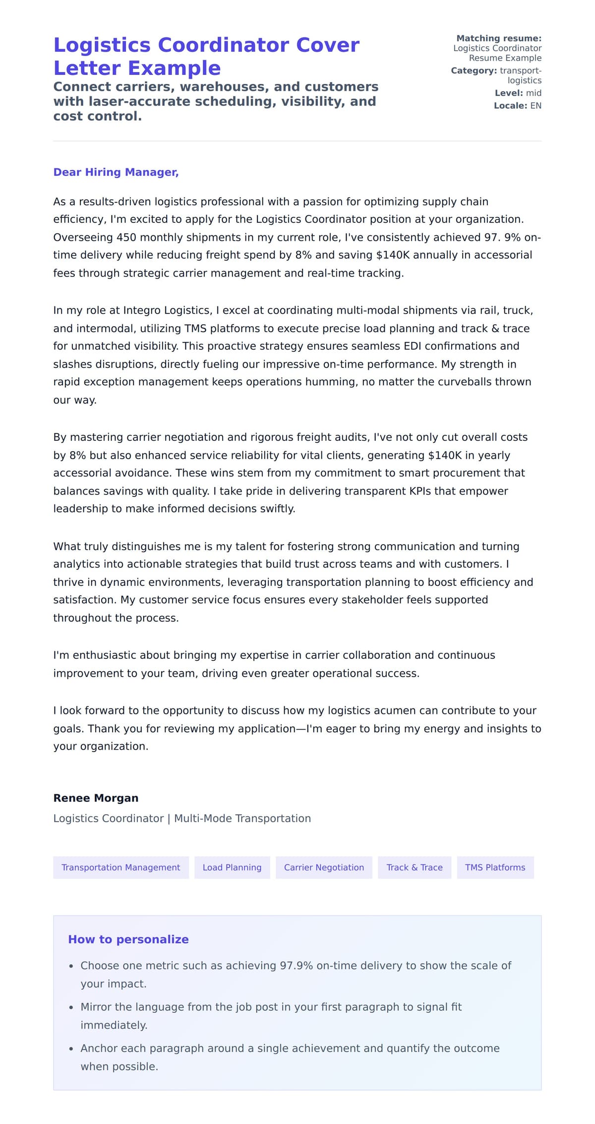 Cover Letter preview for Logistics Coordinator Cover Letter Example