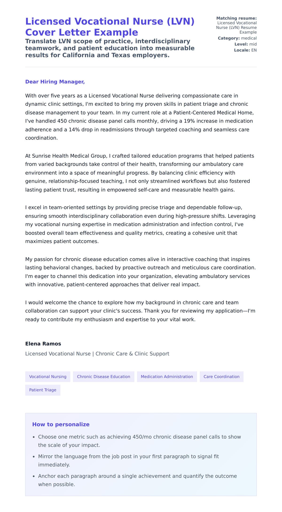 Cover Letter preview for Licensed Vocational Nurse (LVN) Cover Letter Example