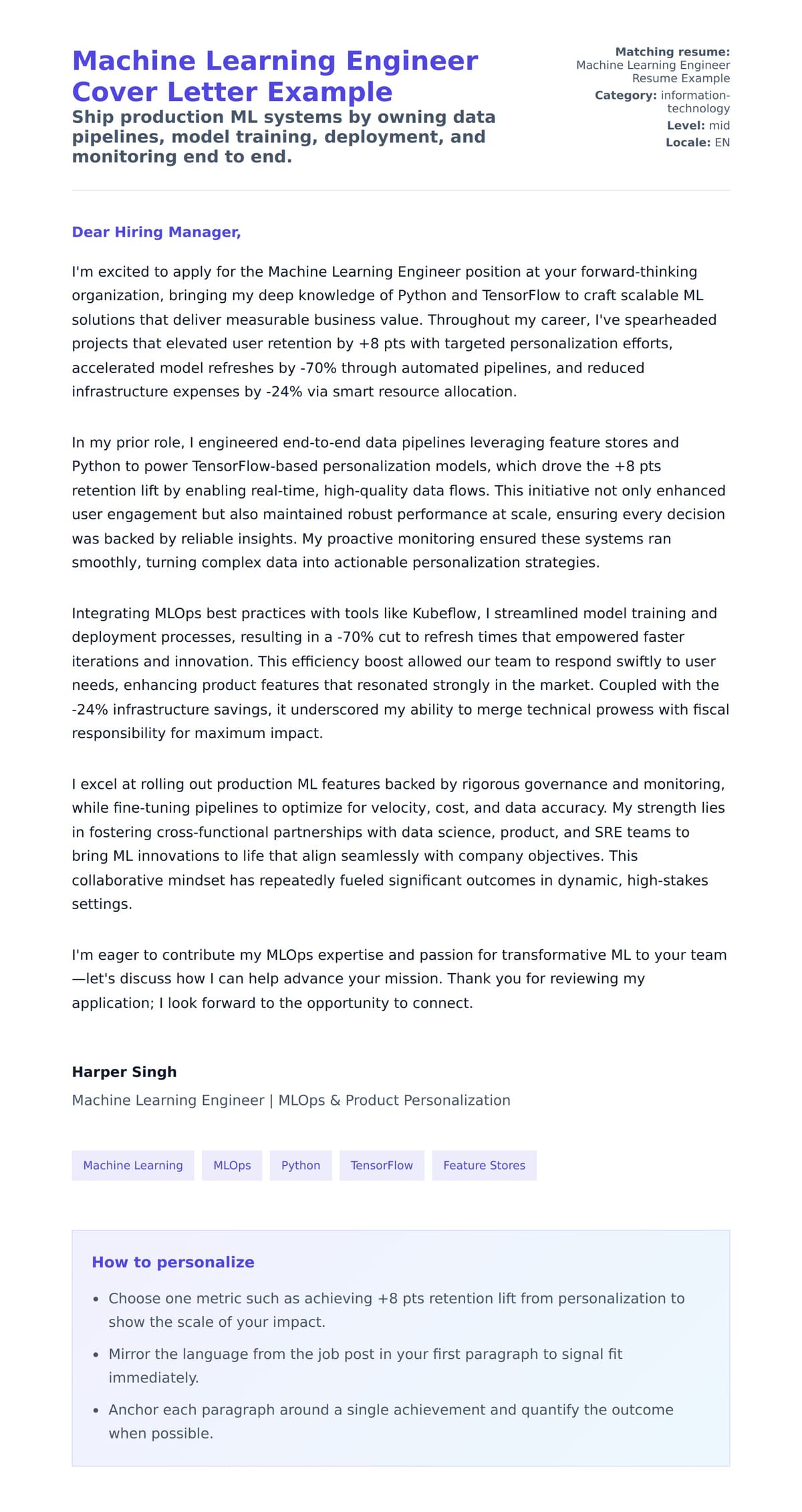 Cover Letter preview for Machine Learning Engineer Cover Letter Example