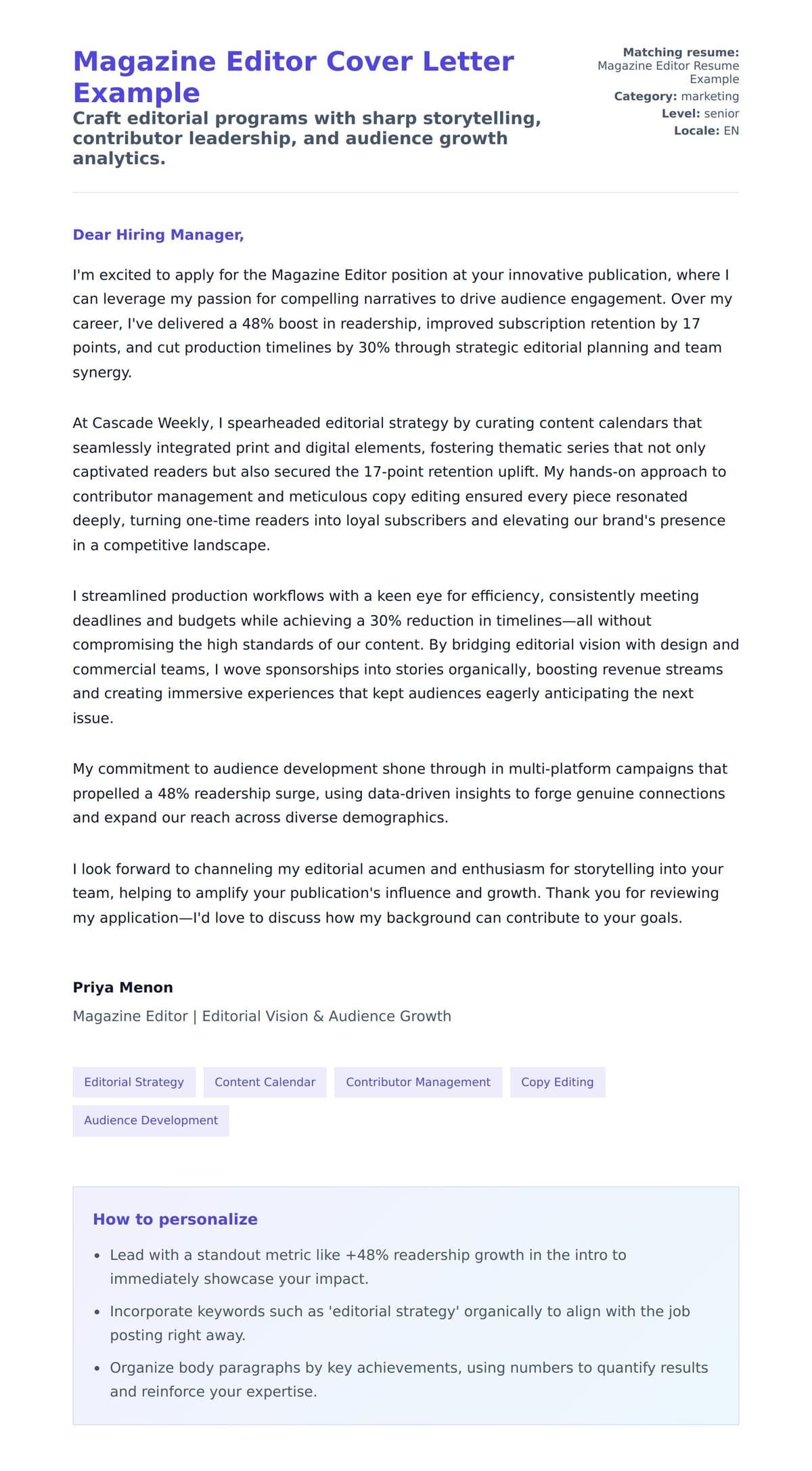 Cover Letter preview for Magazine Editor Cover Letter Example