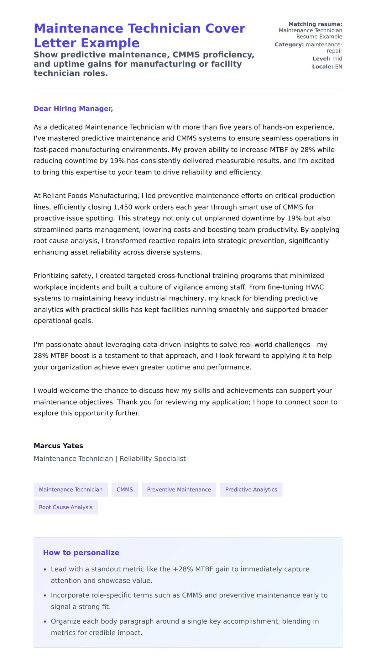 Cover Letter preview for Maintenance Technician Cover Letter Example