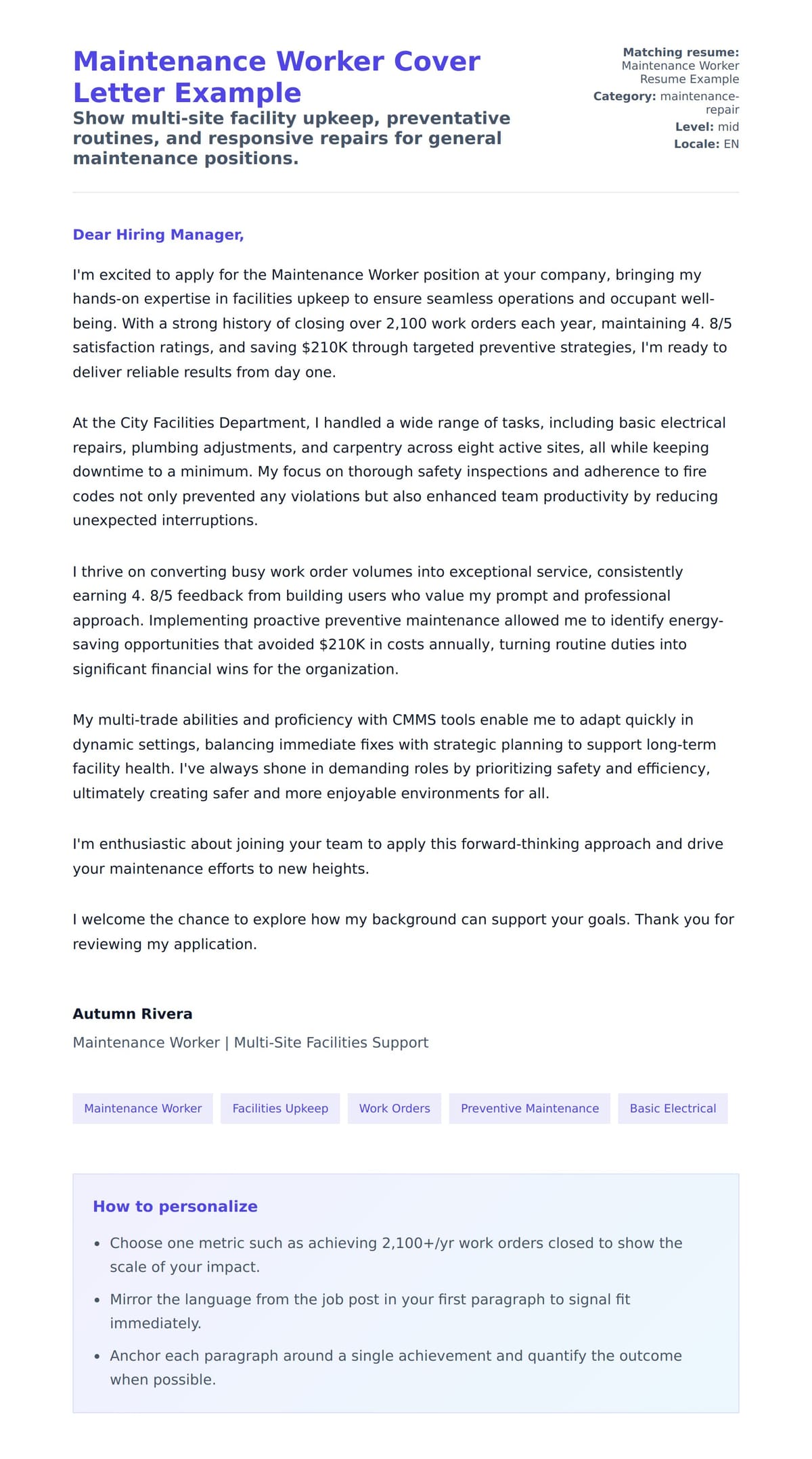 Cover Letter preview for Maintenance Worker Cover Letter Example