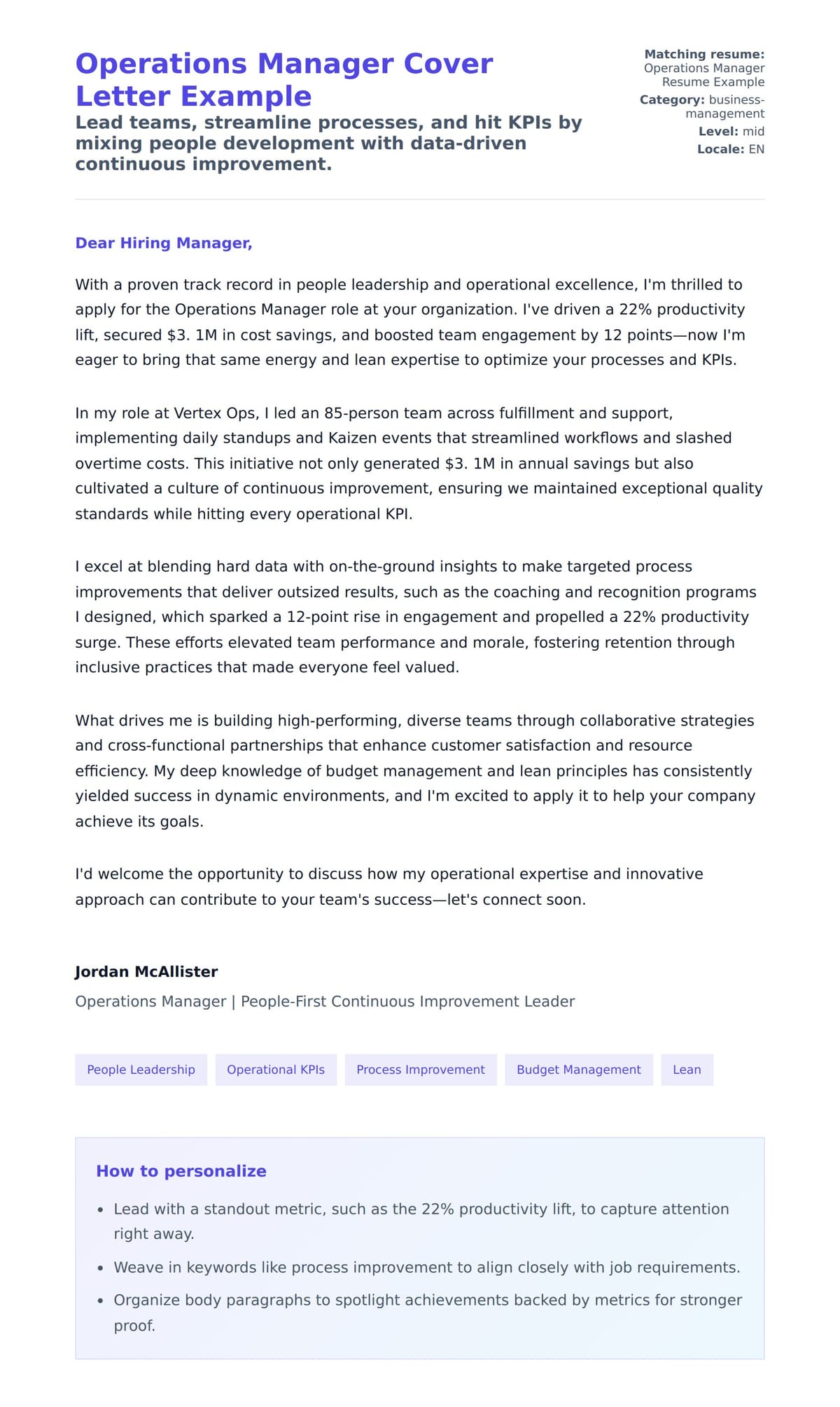 Cover Letter preview for Operations Manager Cover Letter Example