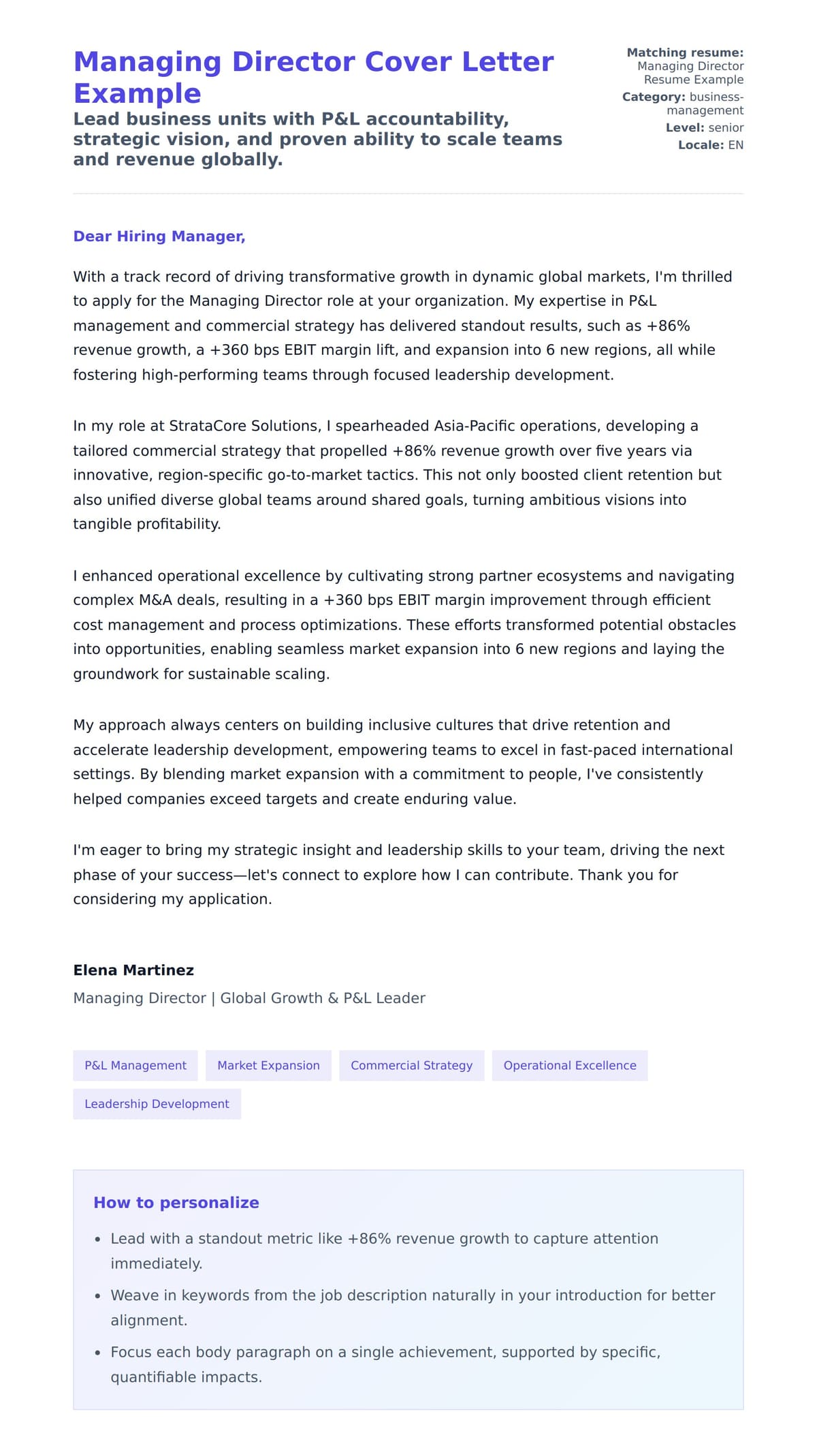 Cover Letter preview for Managing Director Cover Letter Example