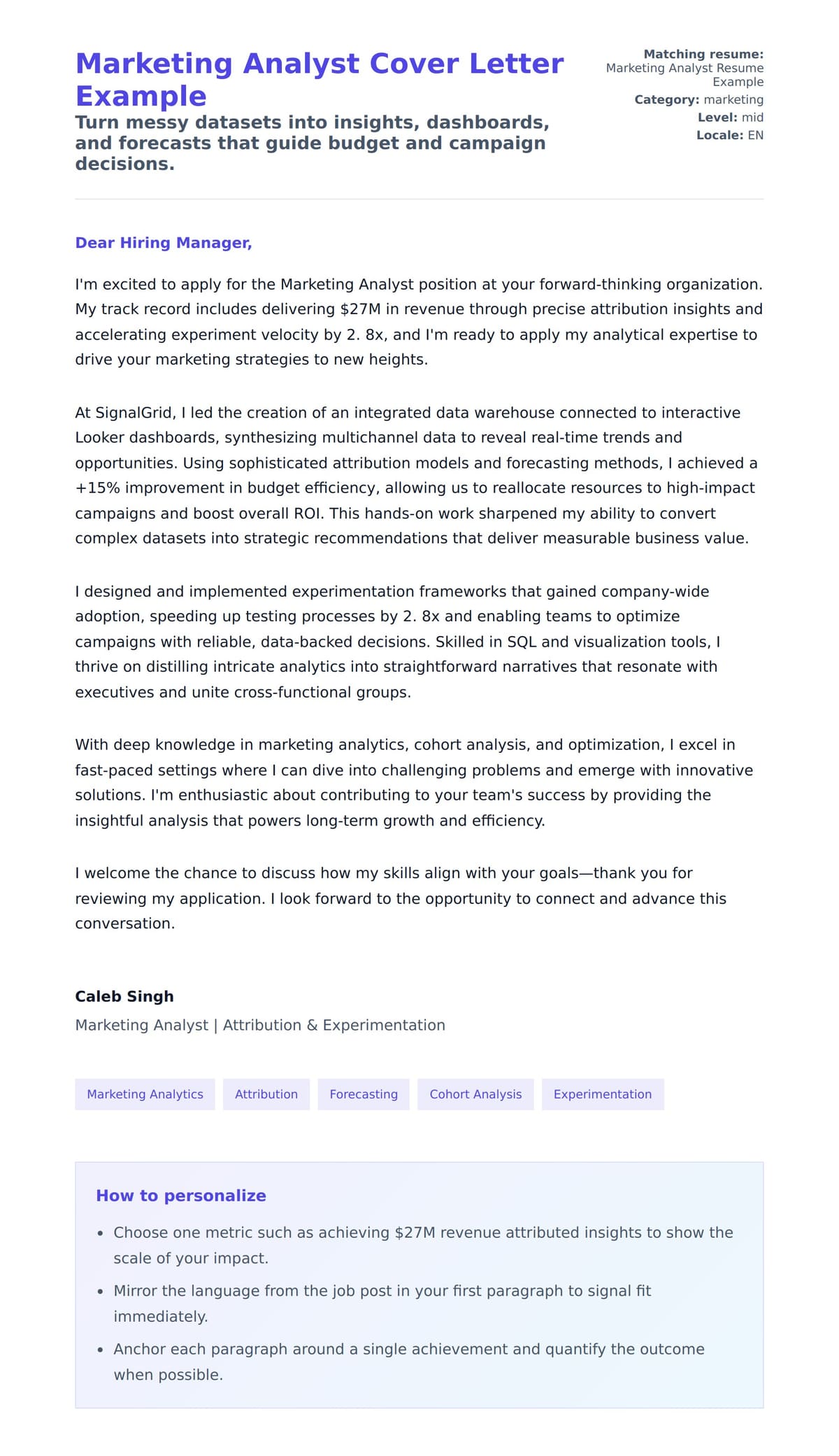 Cover Letter preview for Marketing Analyst Cover Letter Example