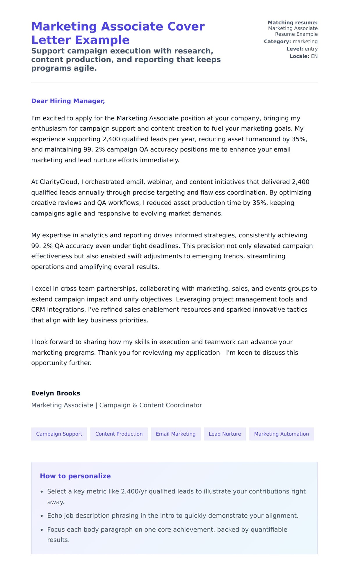 Cover Letter preview for Marketing Associate Cover Letter Example