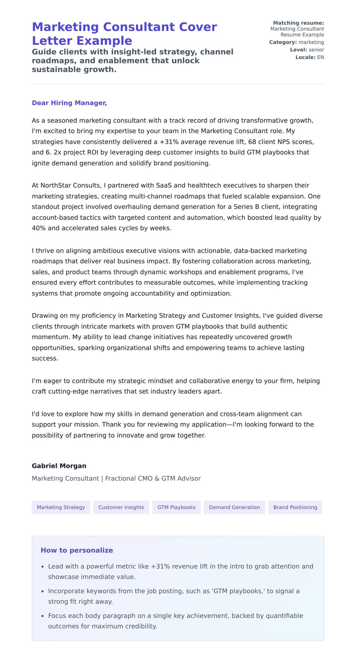 Cover Letter preview for Marketing Consultant Cover Letter Example