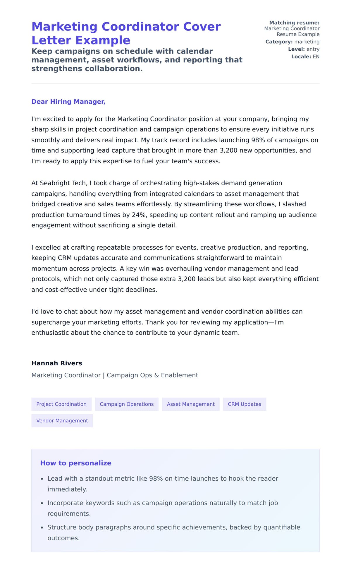 Cover Letter preview for Marketing Coordinator Cover Letter Example