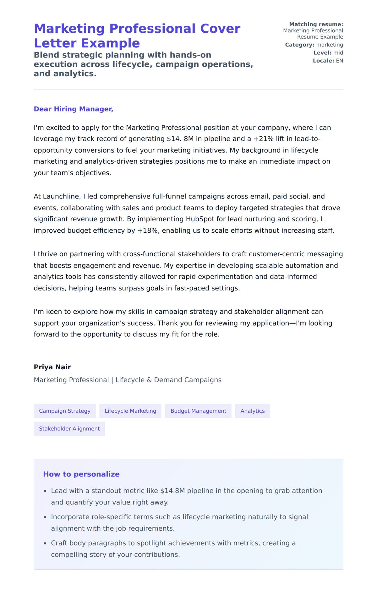 Cover Letter preview for Marketing Professional Cover Letter Example