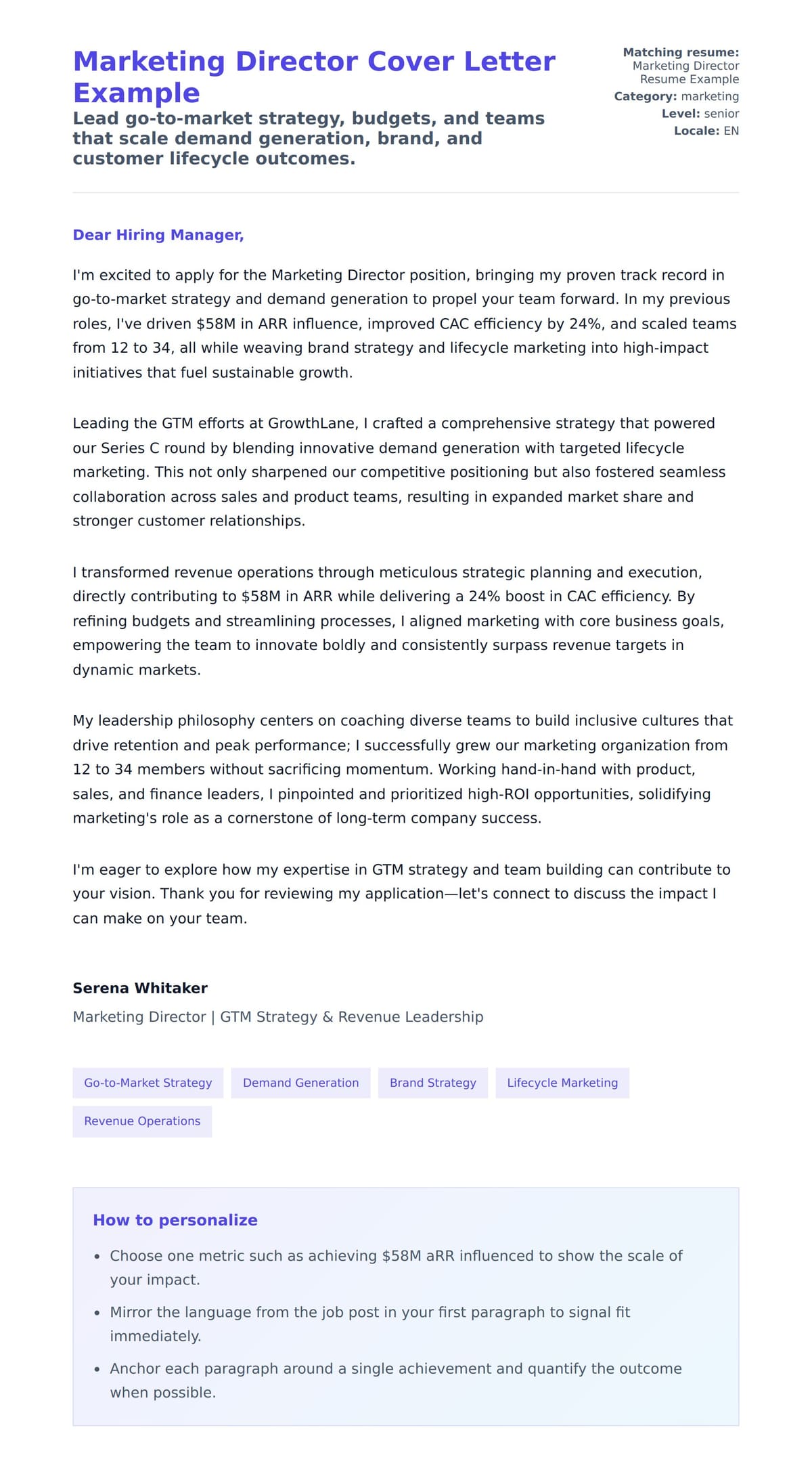 Cover Letter preview for Marketing Director Cover Letter Example