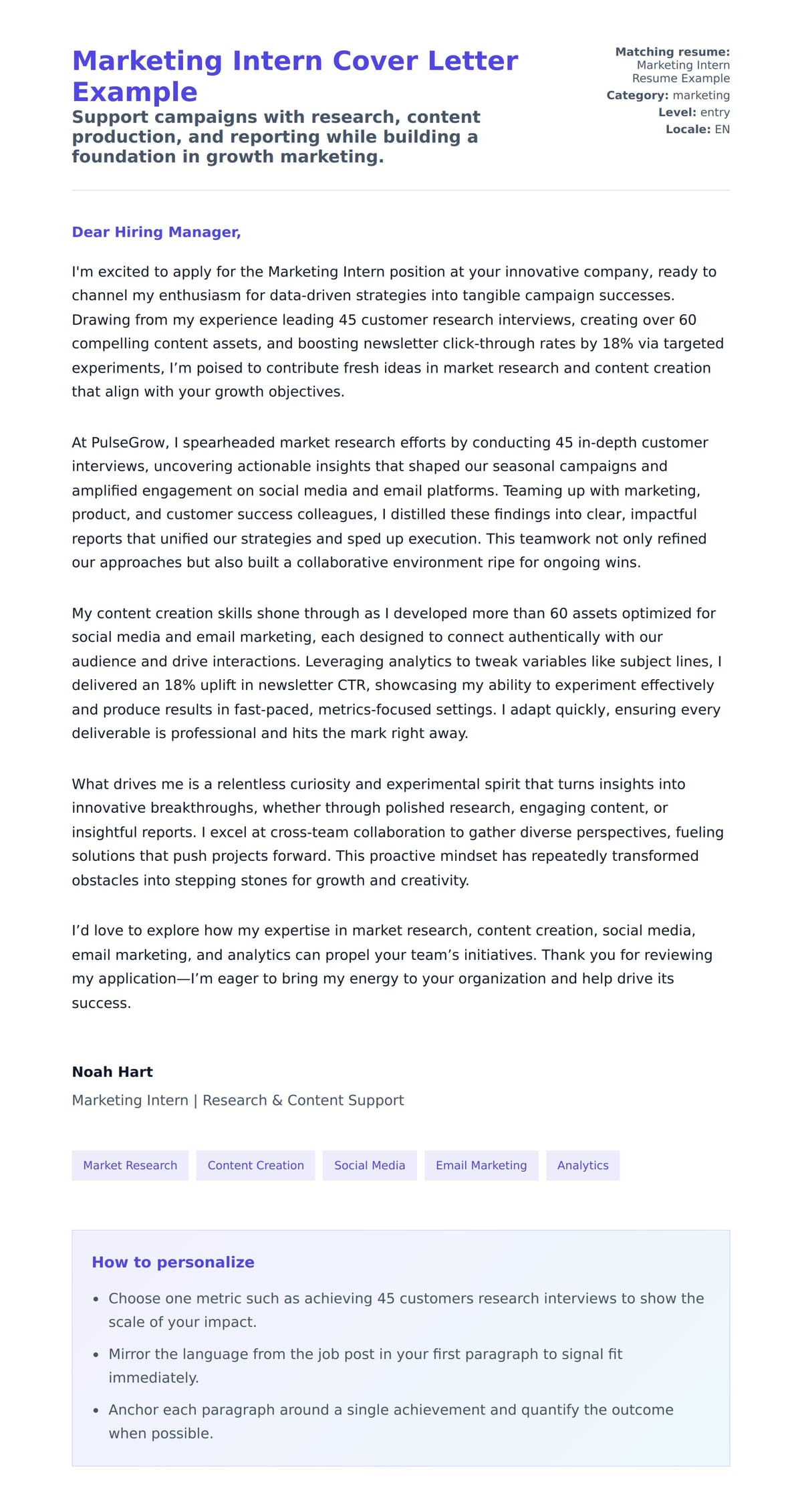 Cover Letter preview for Marketing Intern Cover Letter Example