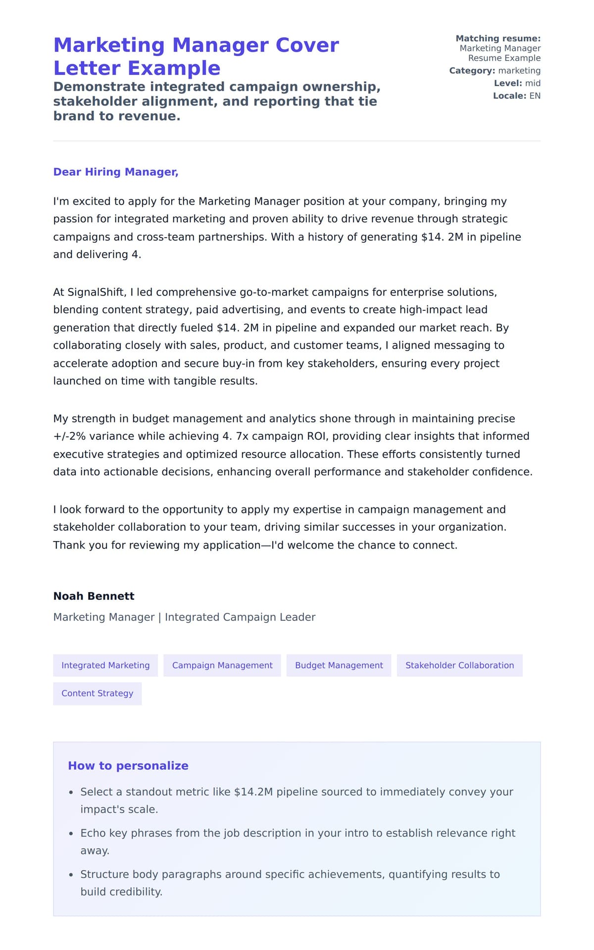 Cover Letter preview for Marketing Manager Cover Letter Example
