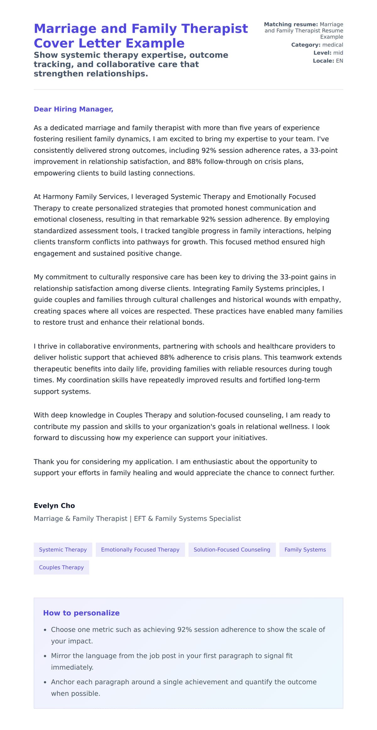 Cover Letter preview for Marriage and Family Therapist Cover Letter Example