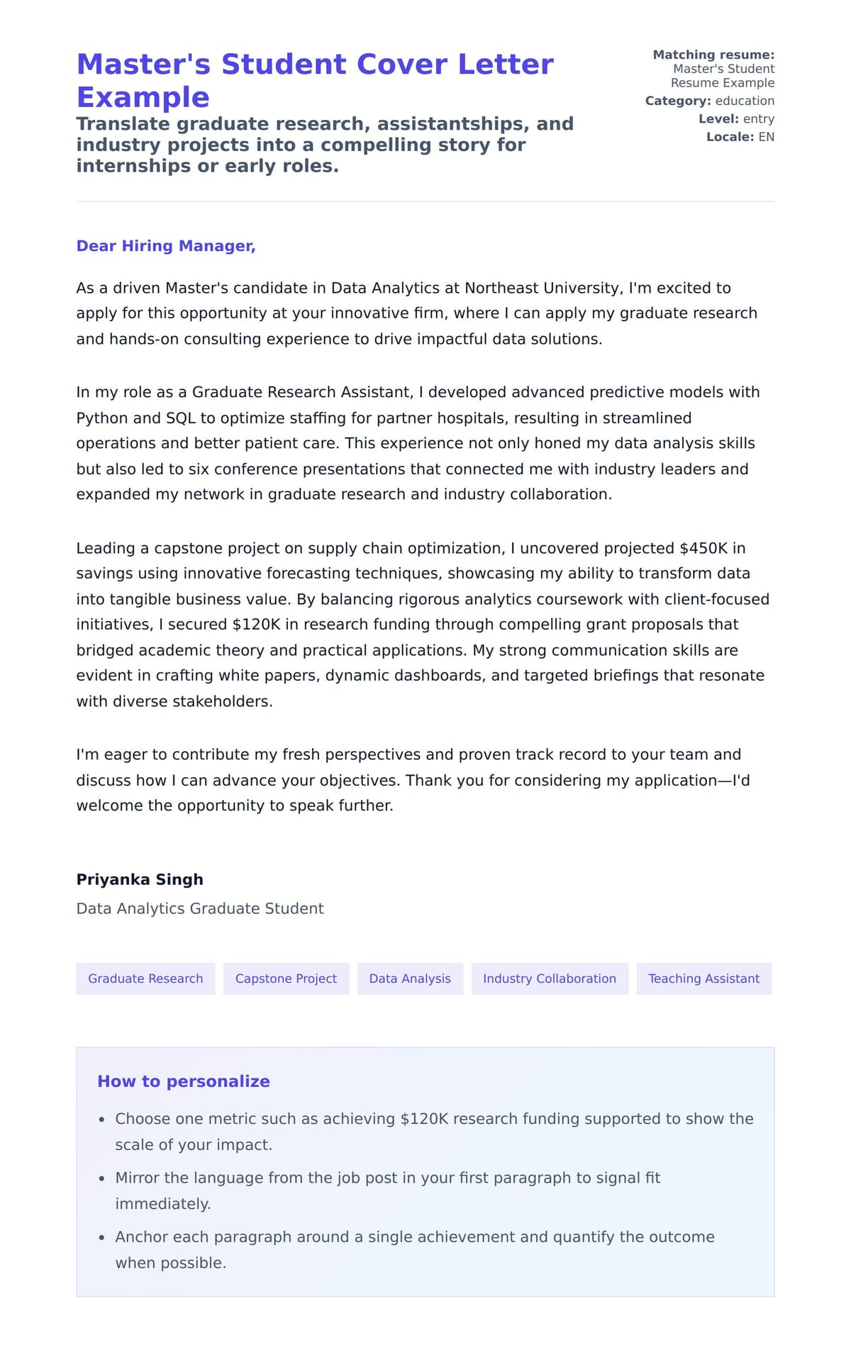 Cover Letter preview for Master's Student Cover Letter Example