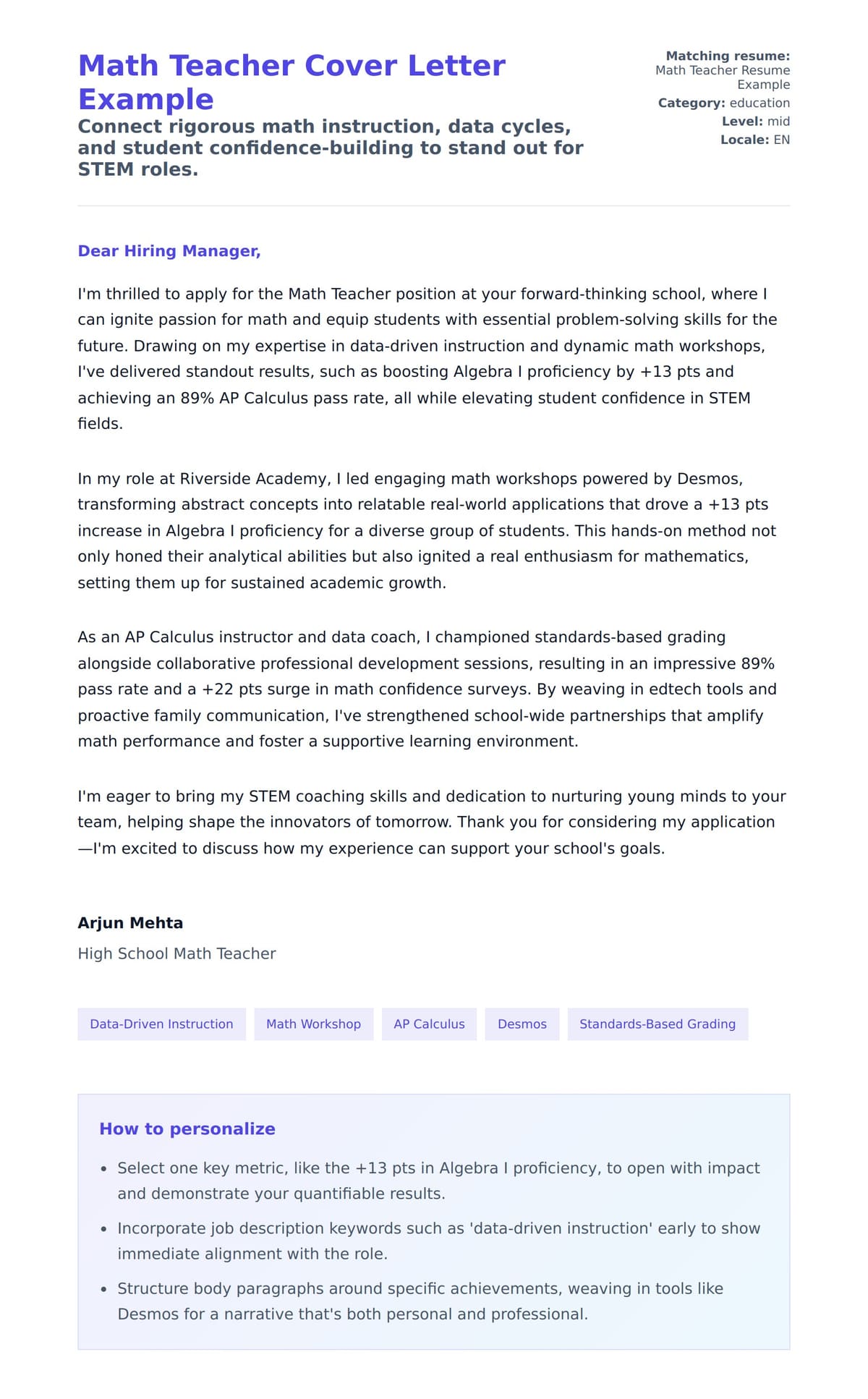 Cover Letter preview for Math Teacher Cover Letter Example