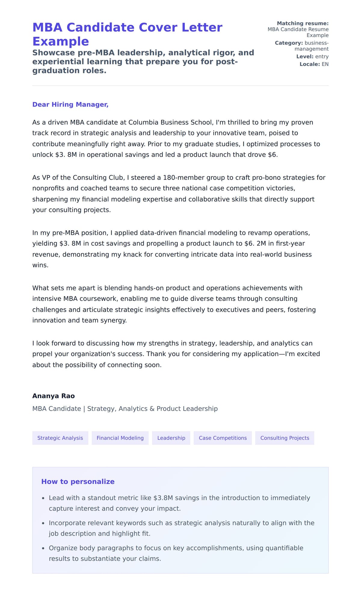 Cover Letter preview for MBA Candidate Cover Letter Example