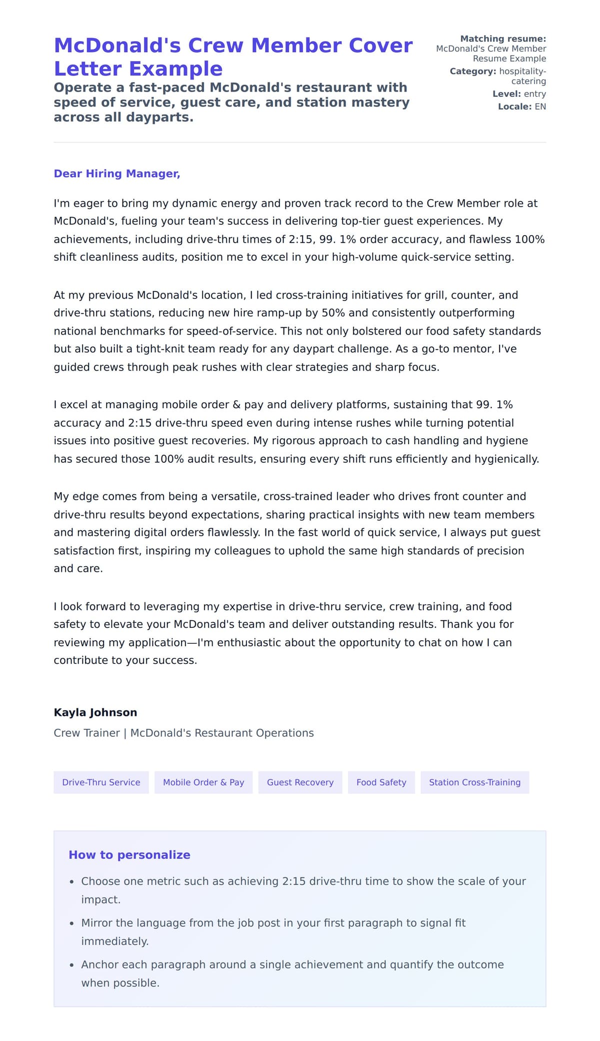 Cover Letter preview for McDonald's Crew Member Cover Letter Example