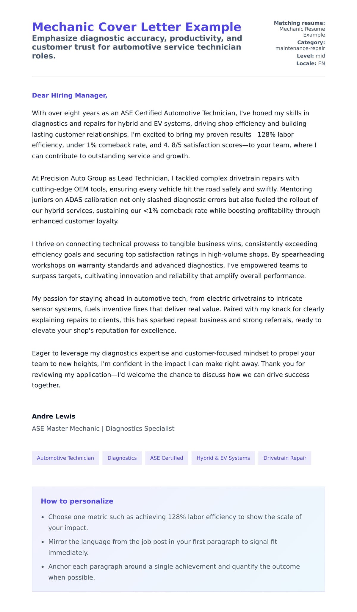 Cover Letter preview for Mechanic Cover Letter Example