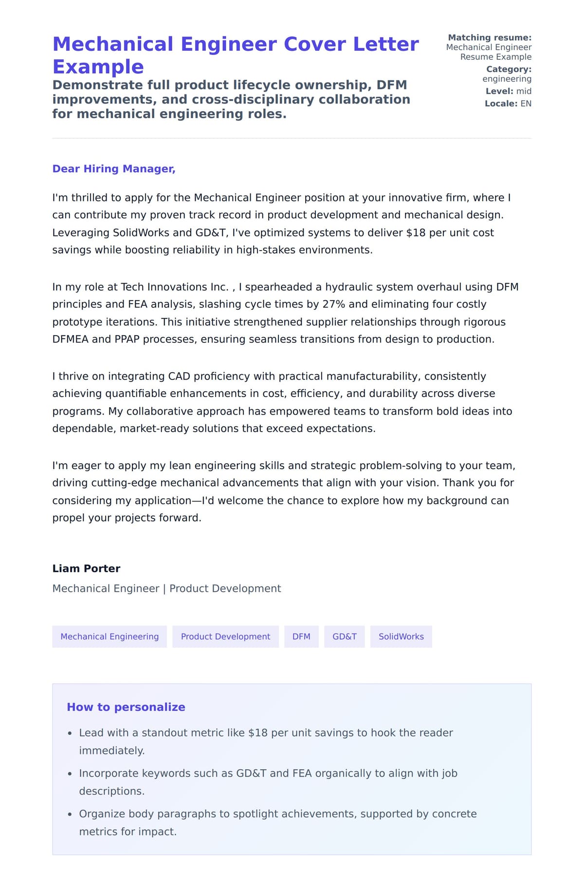 Cover Letter preview for Mechanical Engineer Cover Letter Example