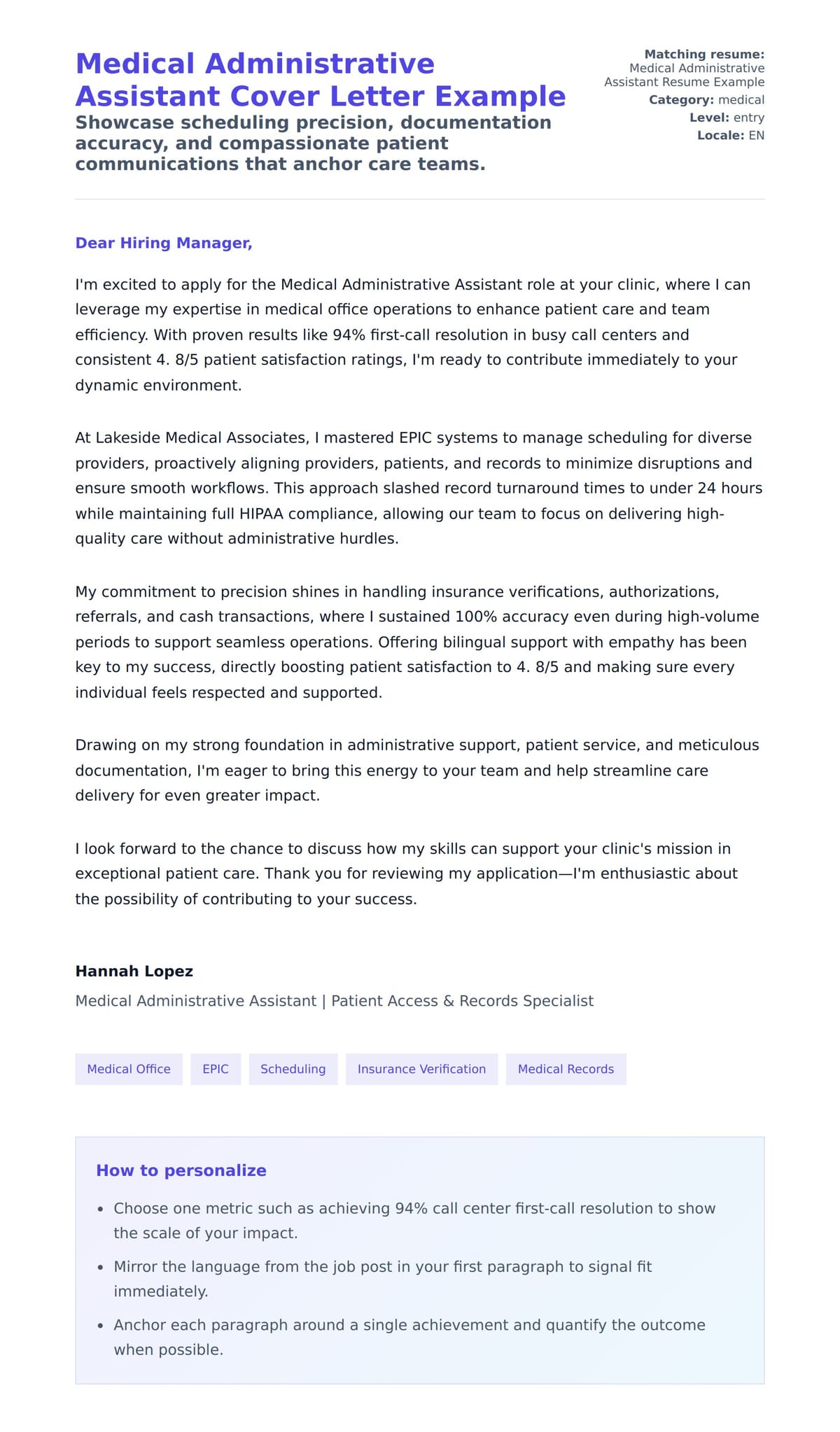 Cover Letter preview for Medical Administrative Assistant Cover Letter Example