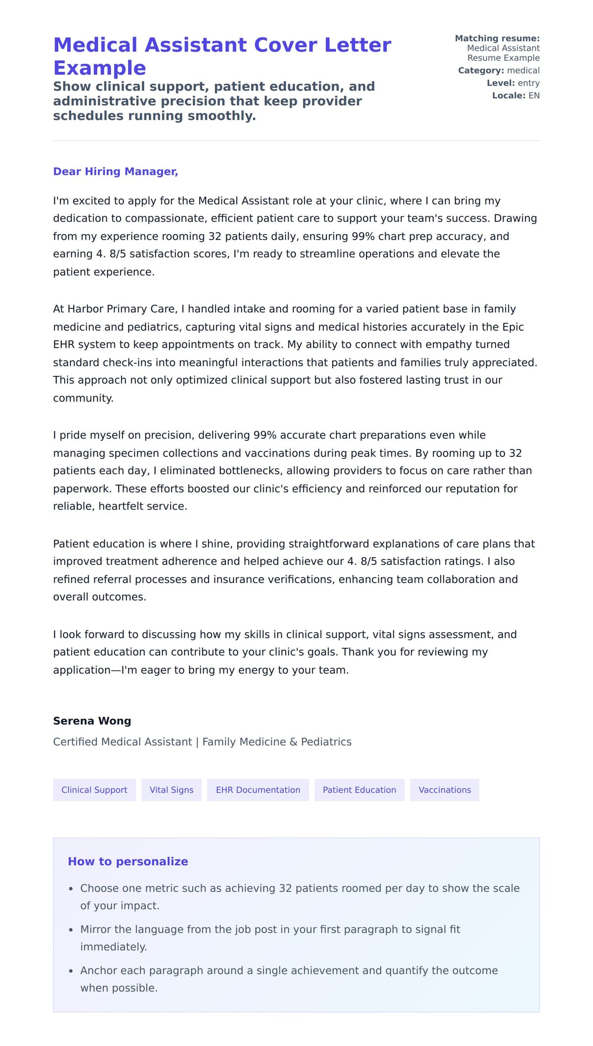 Cover Letter preview for Medical Assistant Cover Letter Example