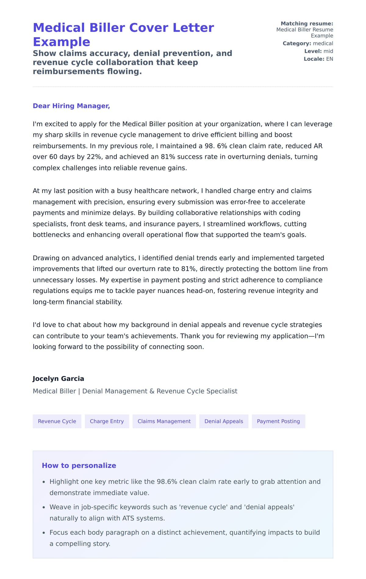 Cover Letter preview for Medical Biller Cover Letter Example