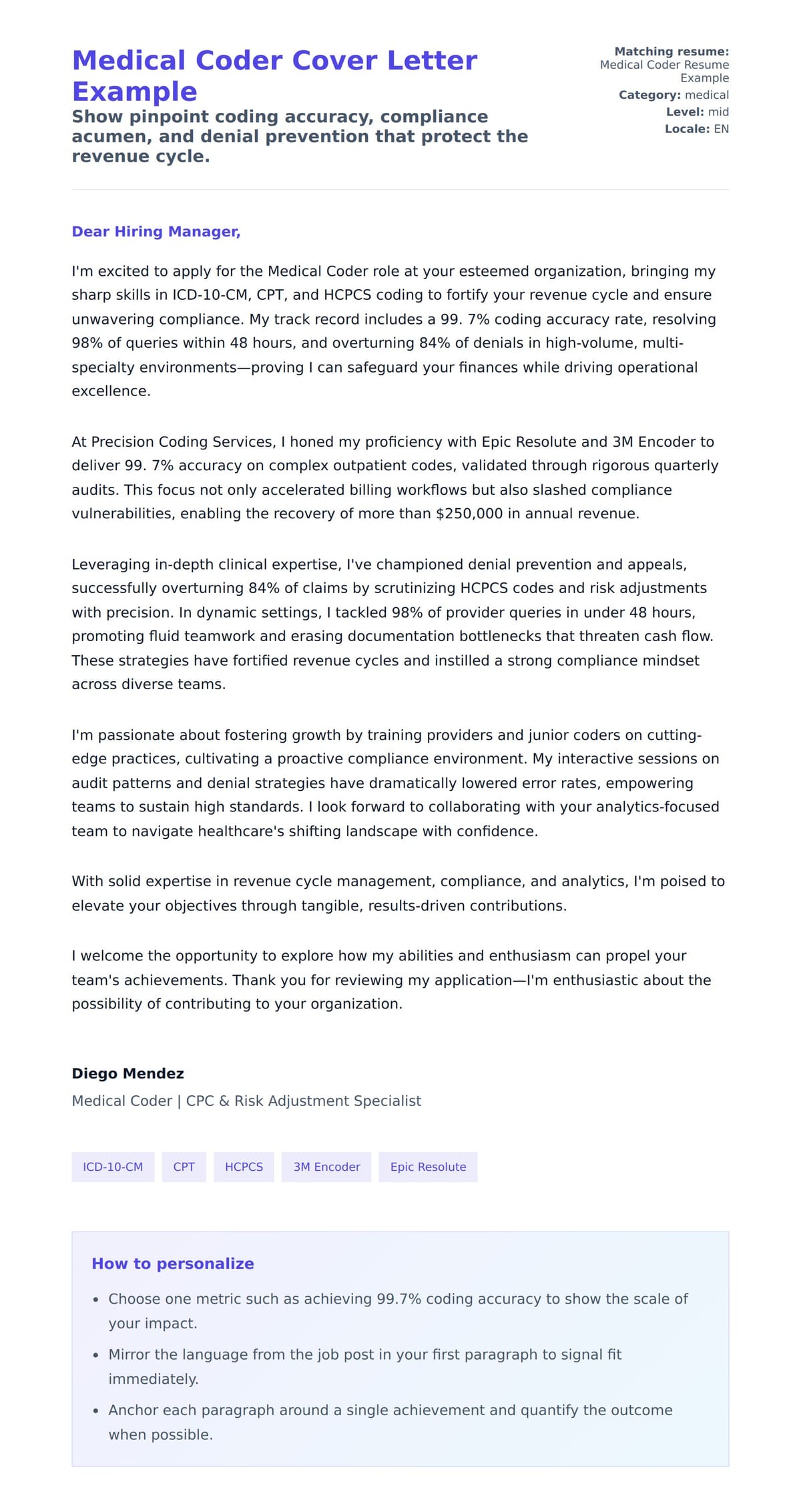 Cover Letter preview for Medical Coder Cover Letter Example