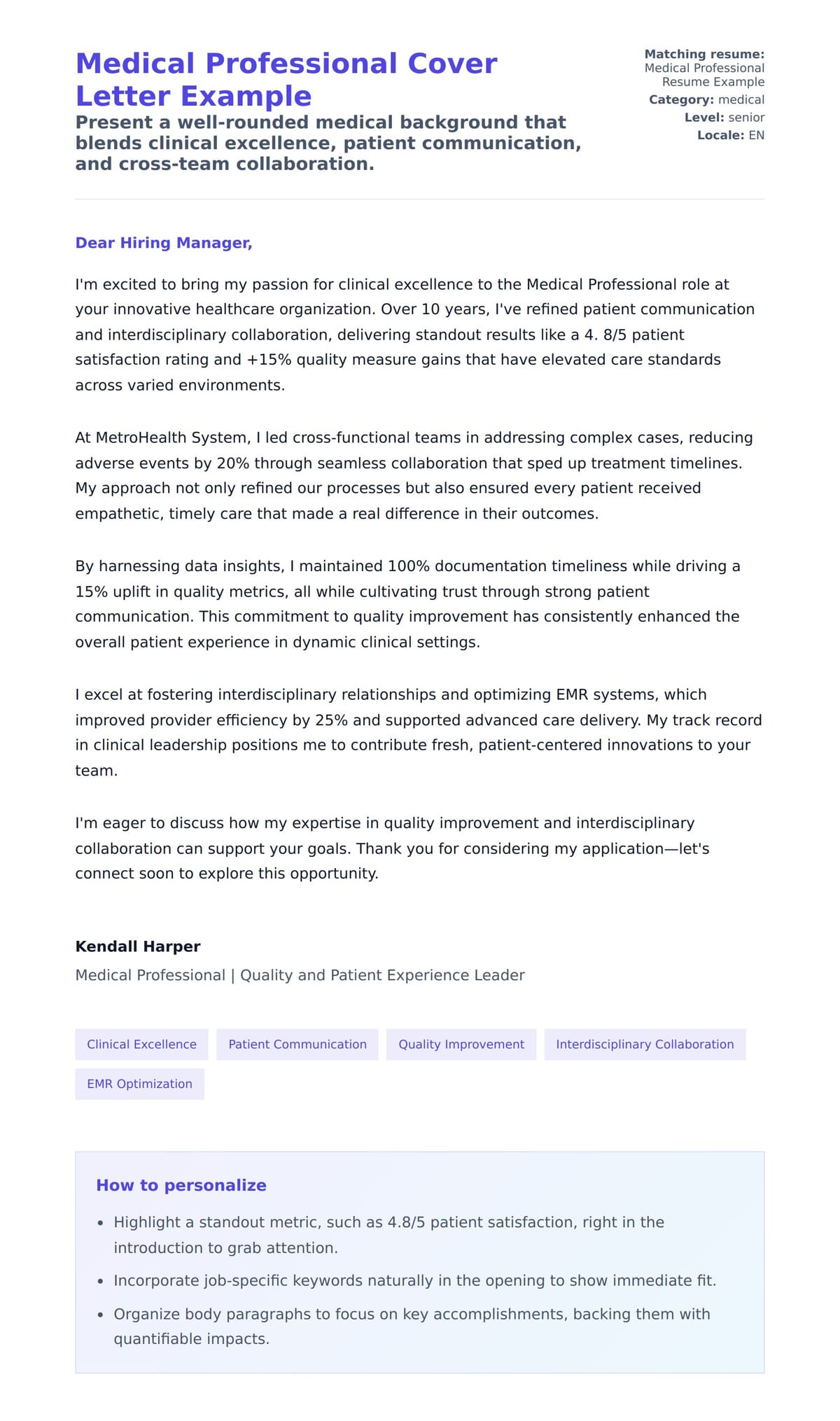 Cover Letter preview for Medical Professional Cover Letter Example