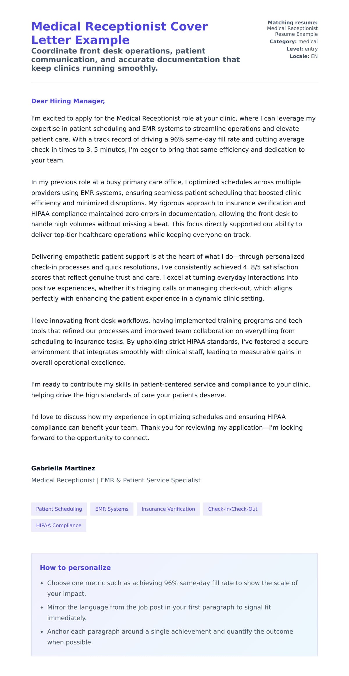 Cover Letter preview for Medical Receptionist Cover Letter Example