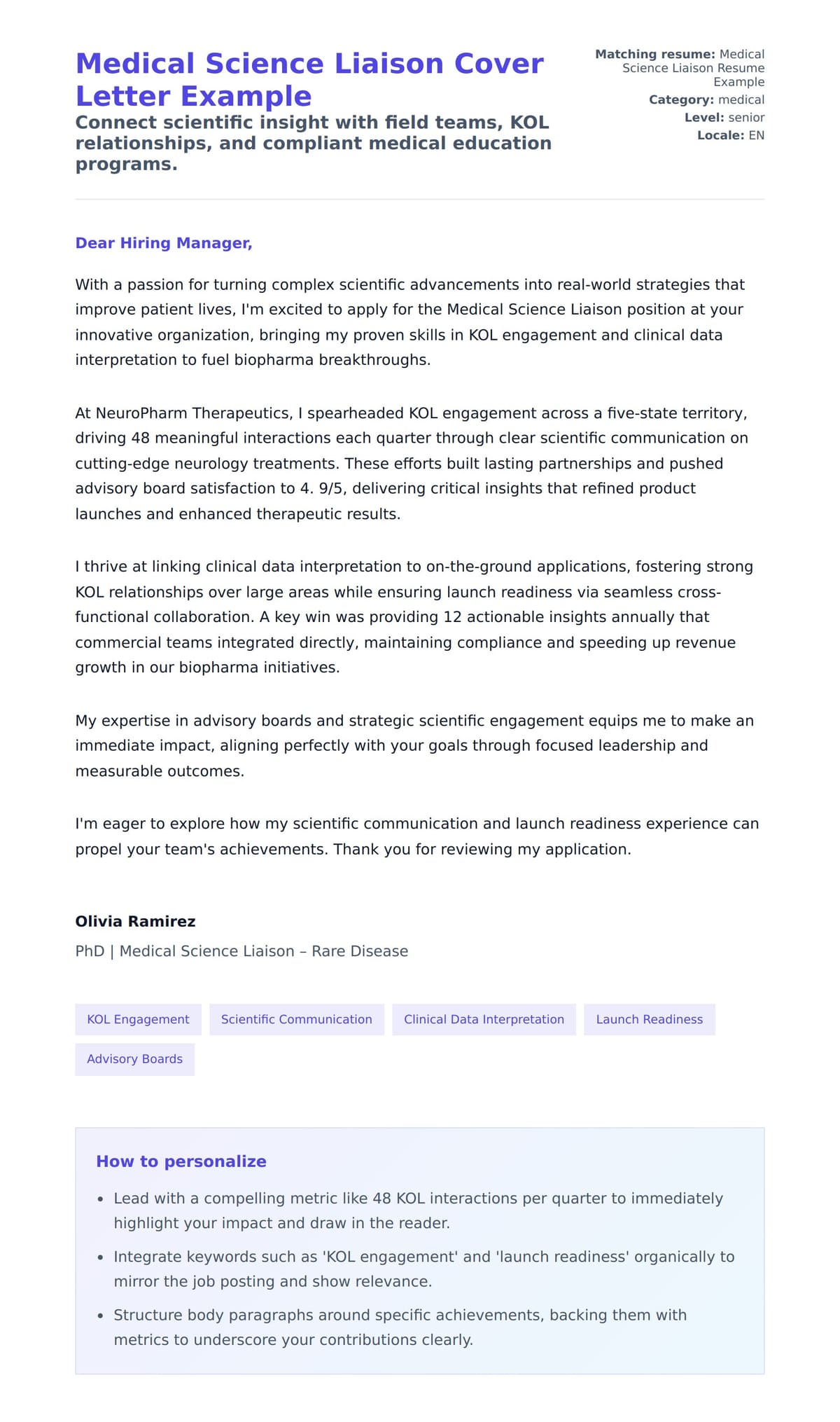 Cover Letter preview for Medical Science Liaison Cover Letter Example