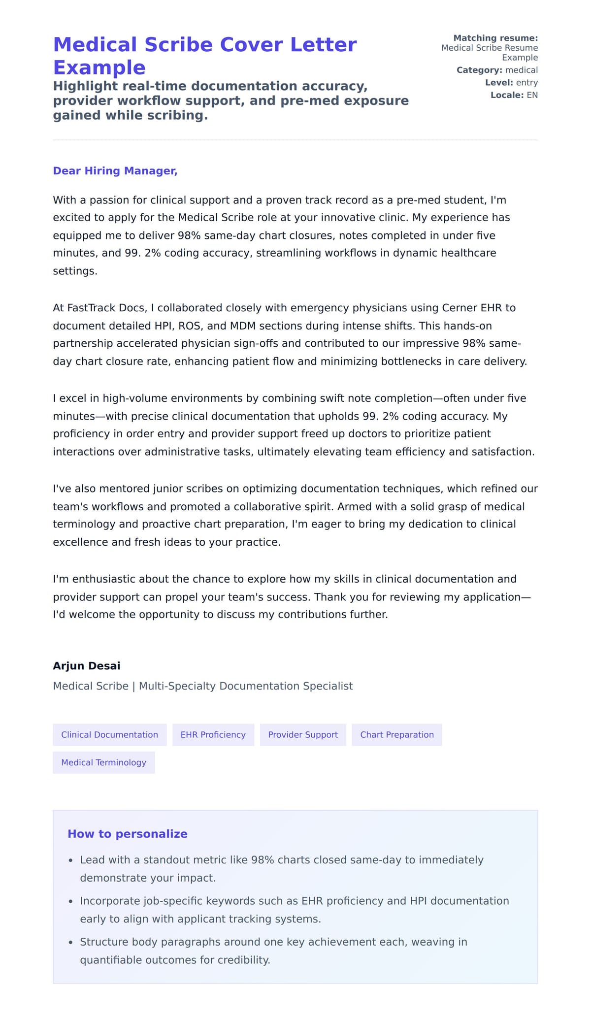 Cover Letter preview for Medical Scribe Cover Letter Example