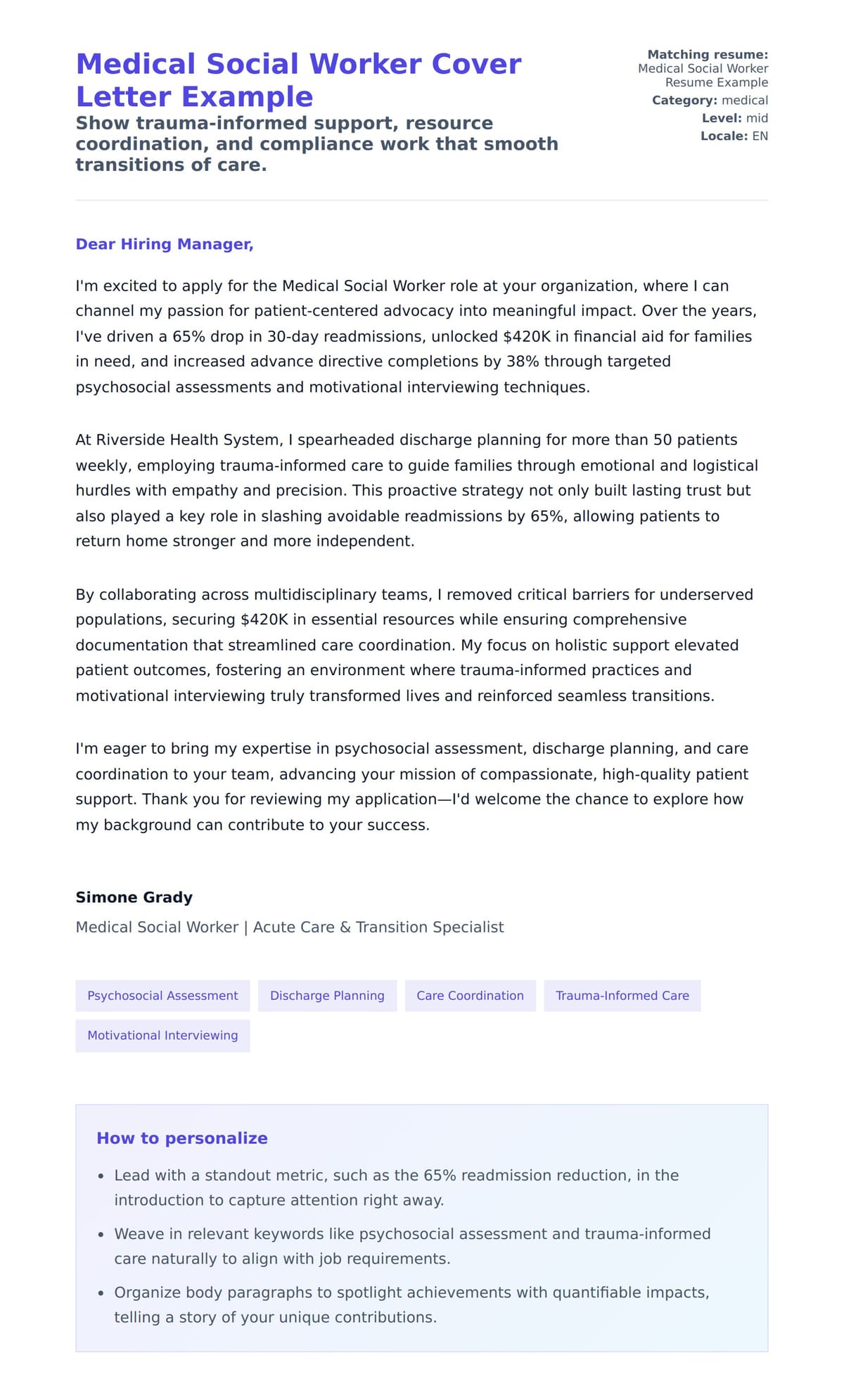 Cover Letter preview for Medical Social Worker Cover Letter Example