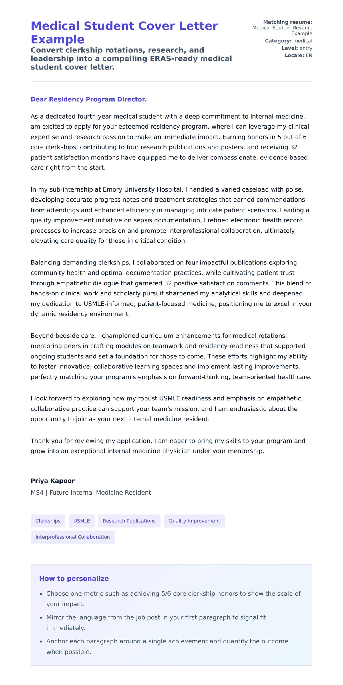 Cover Letter preview for Medical Student Cover Letter Example