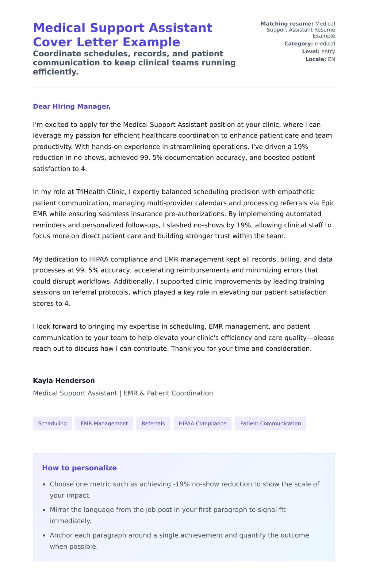 Cover Letter preview for Medical Support Assistant Cover Letter Example