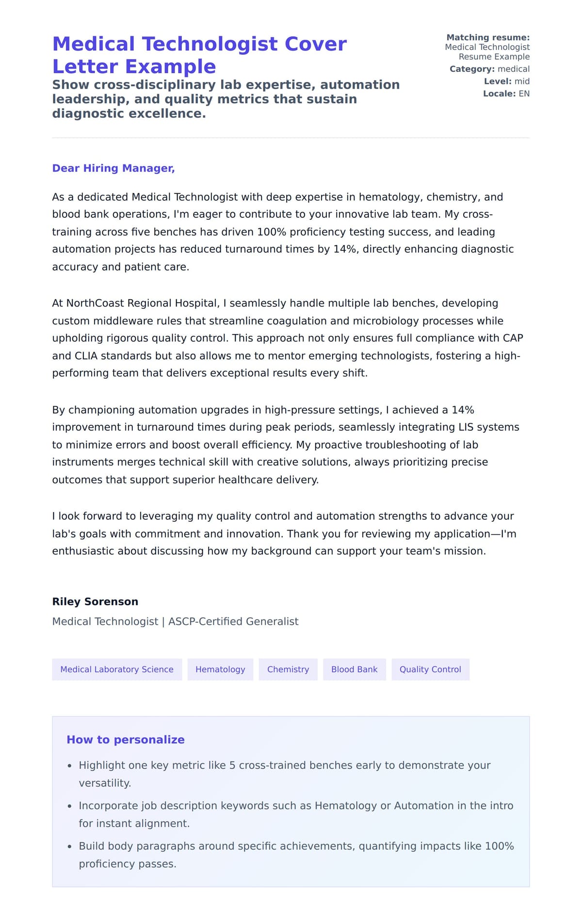 Cover Letter preview for Medical Technologist Cover Letter Example