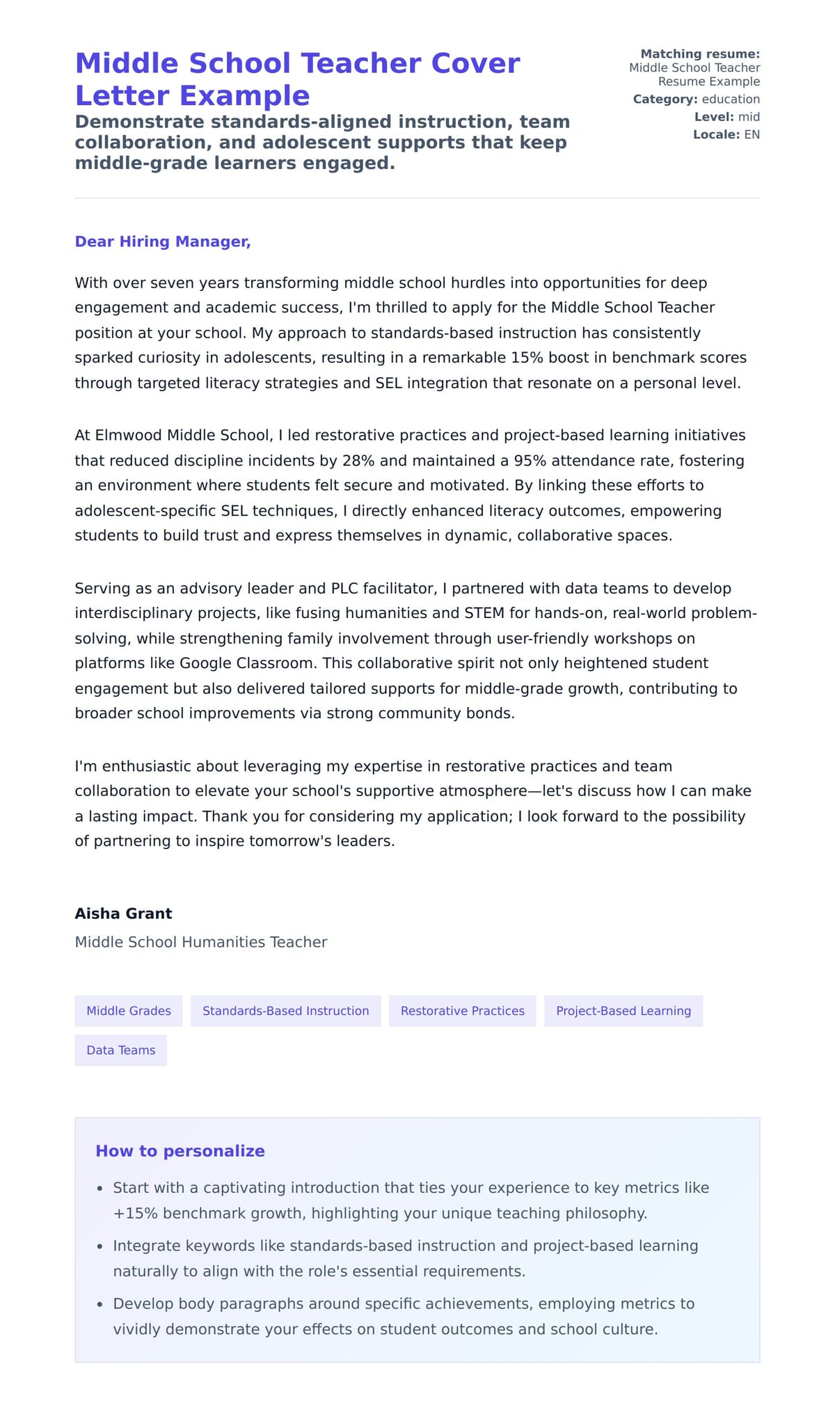 Cover Letter preview for Middle School Teacher Cover Letter Example