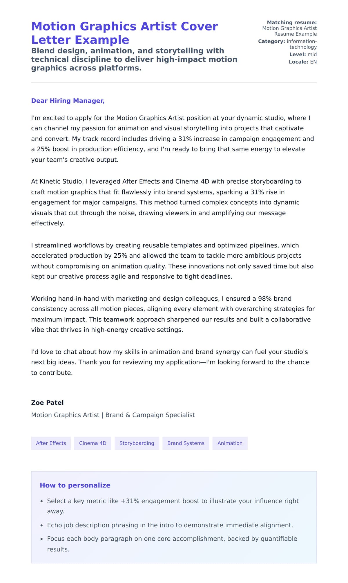 Cover Letter preview for Motion Graphics Artist Cover Letter Example