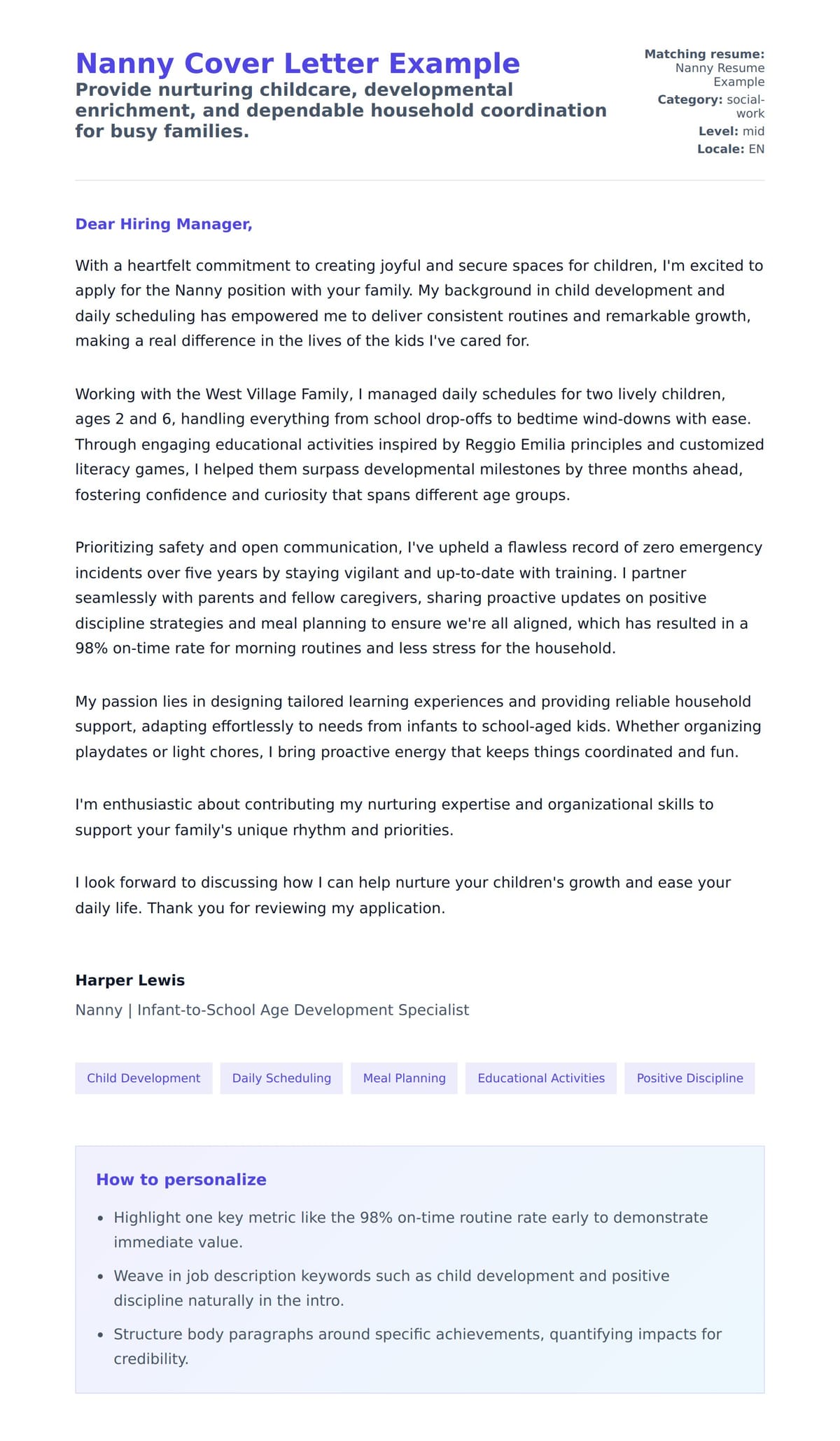 Cover Letter preview for Nanny Cover Letter Example