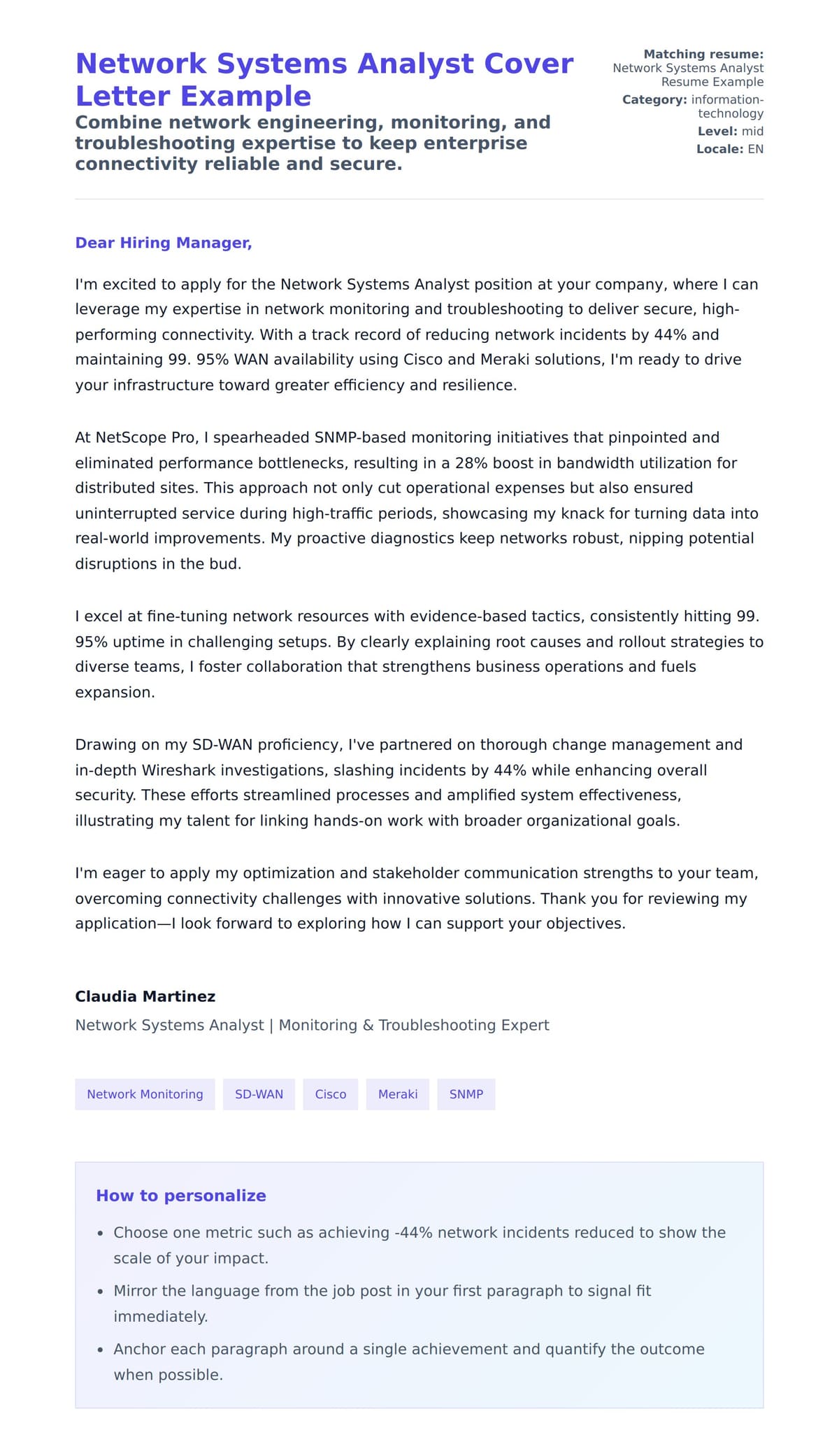 Cover Letter preview for Network Systems Analyst Cover Letter Example