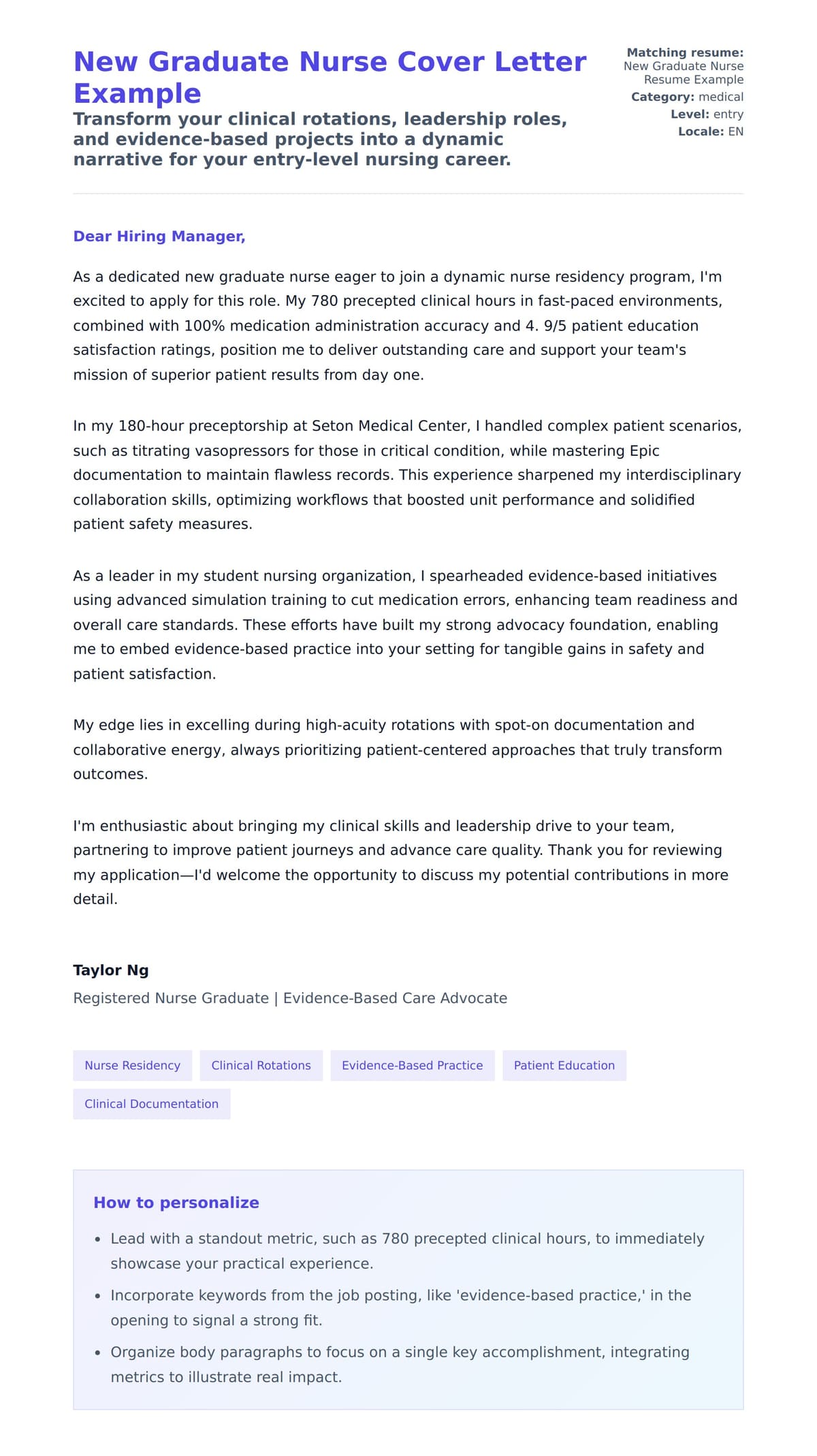 Cover Letter preview for New Graduate Nurse Cover Letter Example