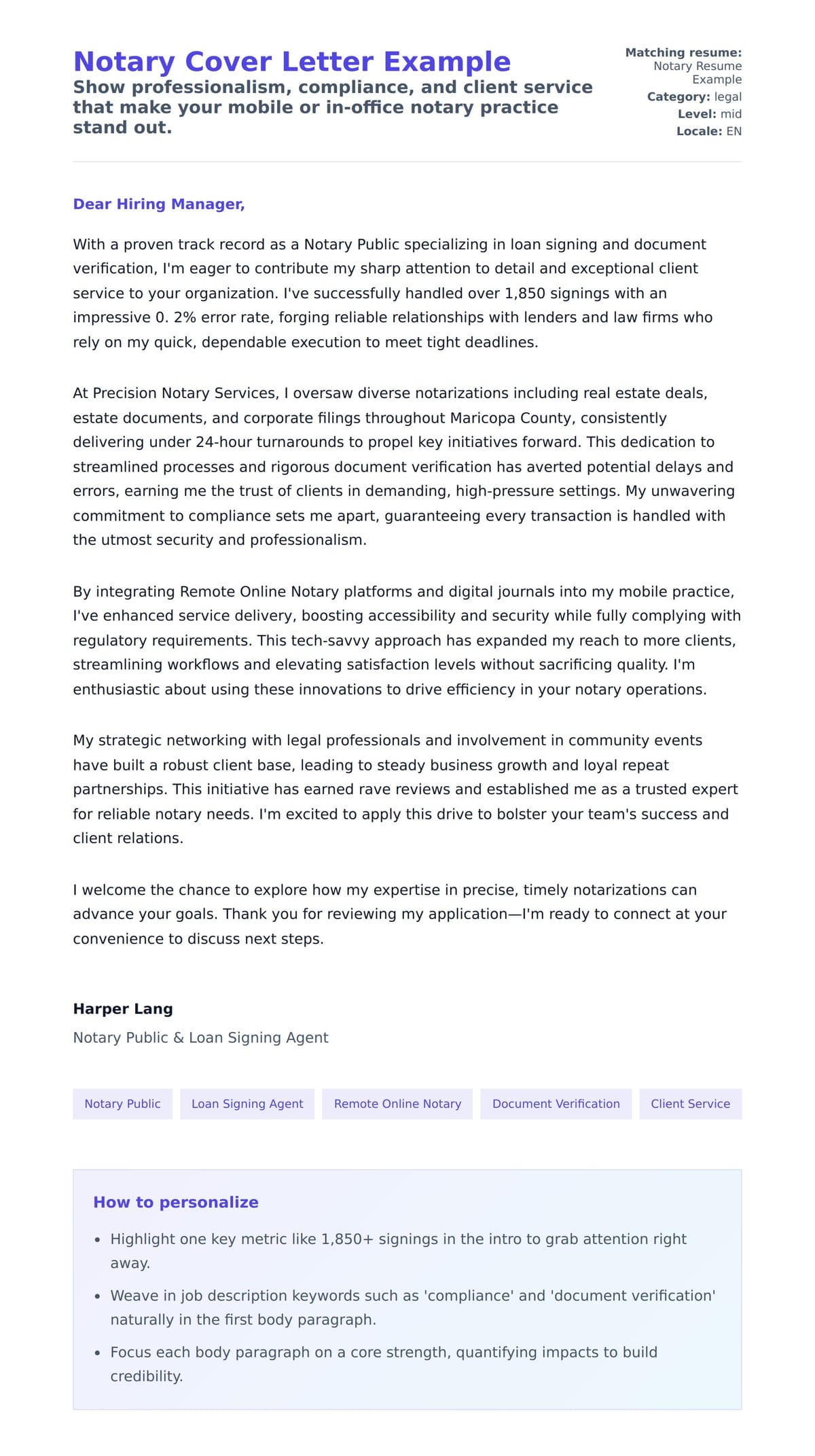 Cover Letter preview for Notary Cover Letter Example