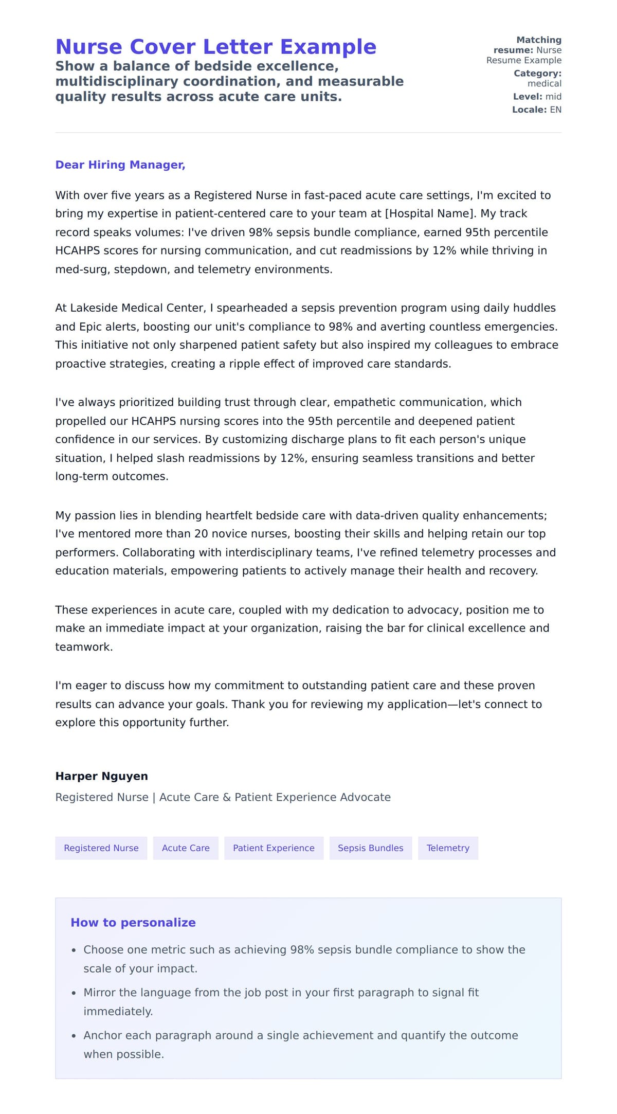 Cover Letter preview for Nurse Cover Letter Example