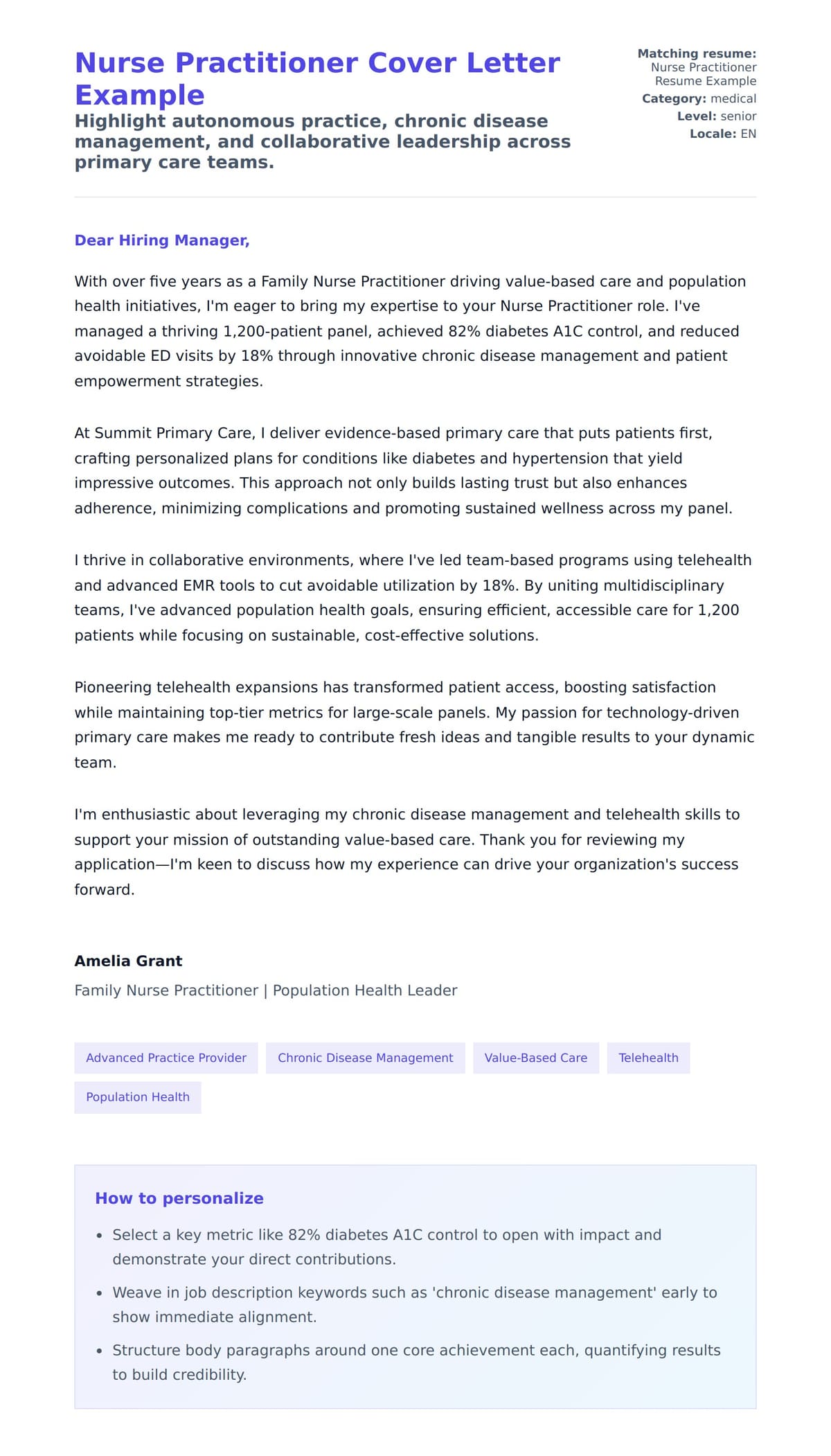 Cover Letter preview for Nurse Practitioner Cover Letter Example