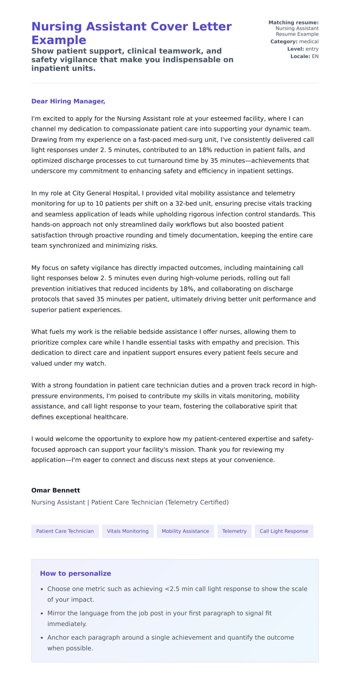 Cover Letter preview for Nursing Assistant Cover Letter Example