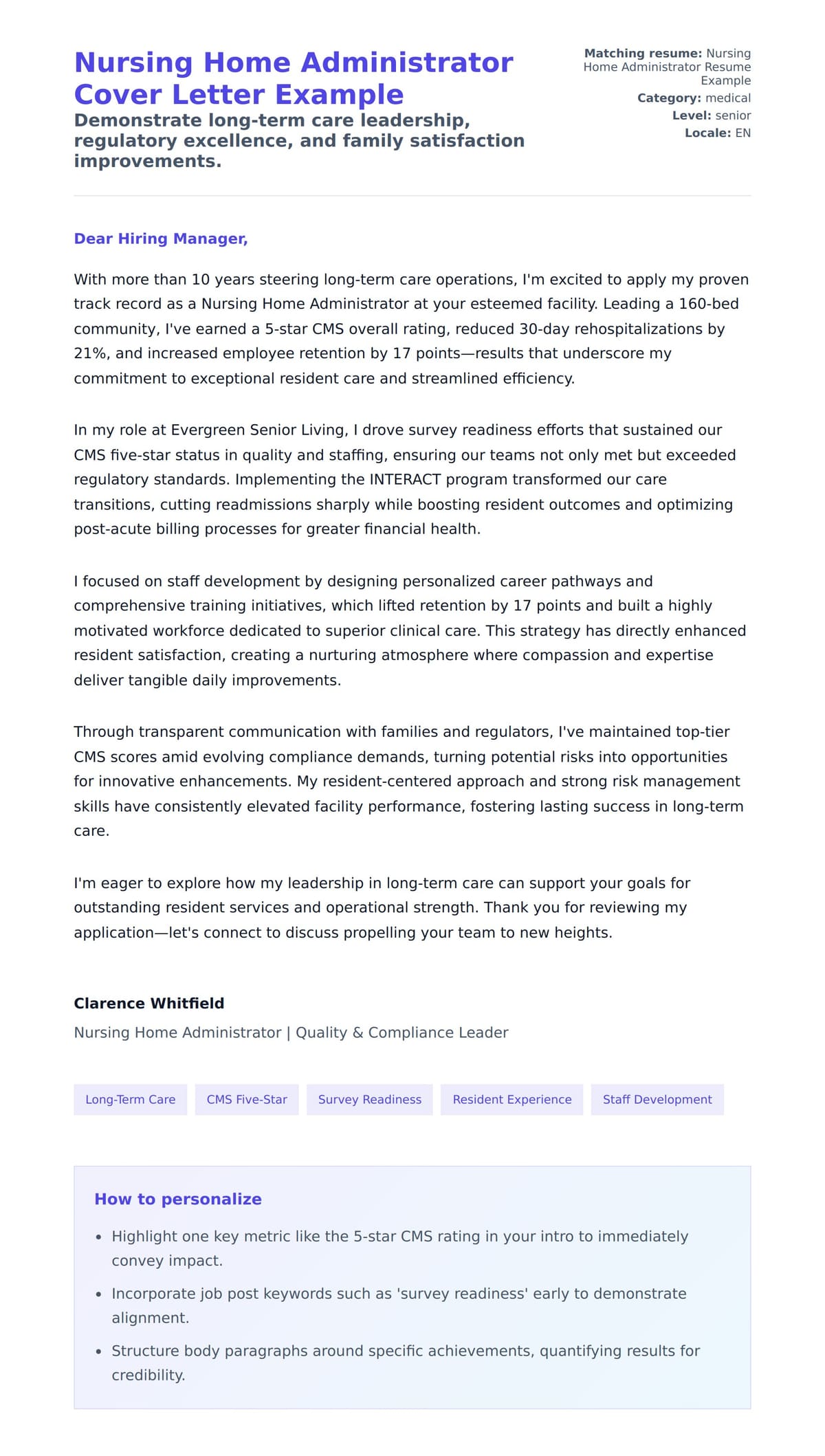 Cover Letter preview for Nursing Home Administrator Cover Letter Example