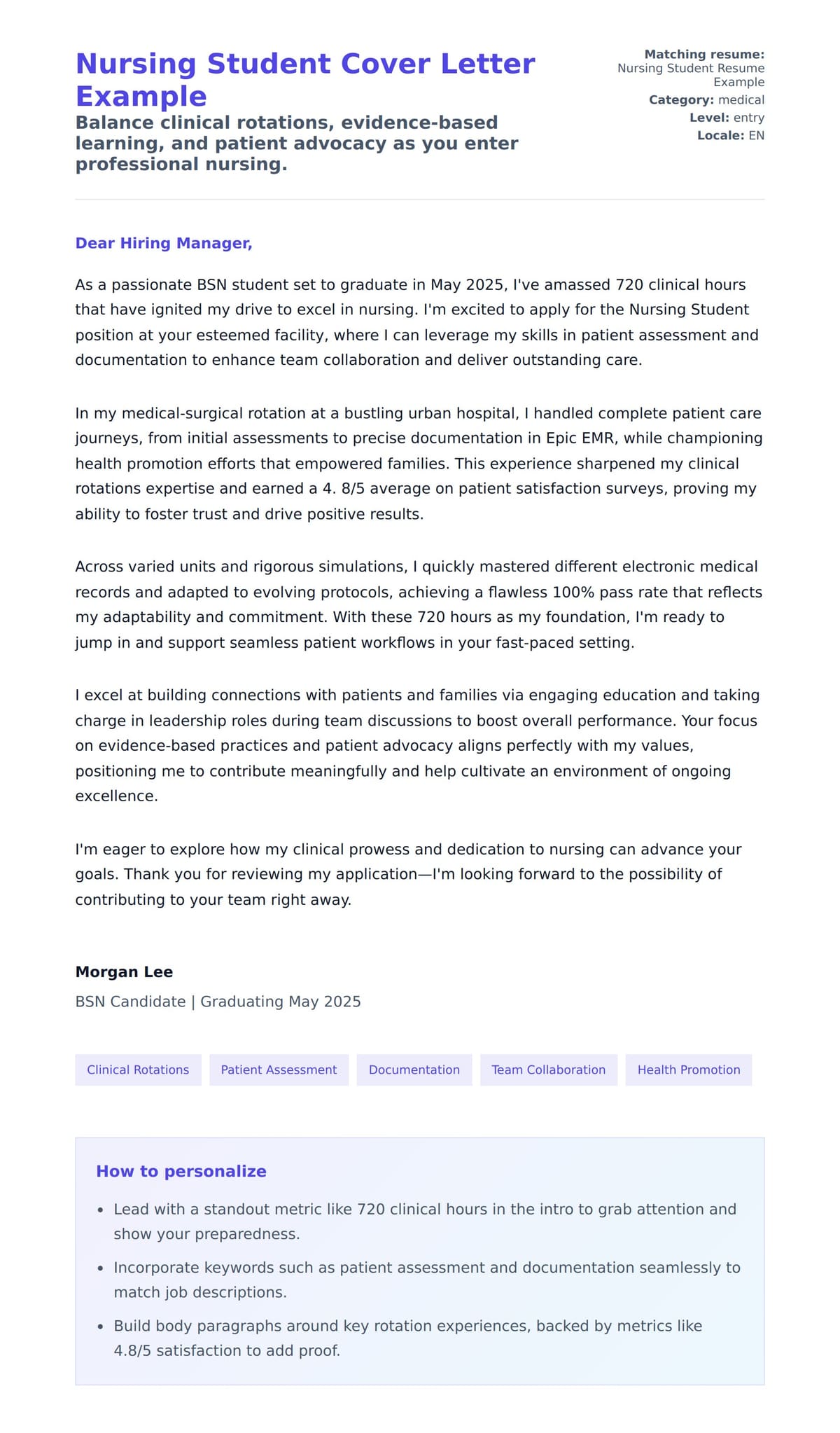 Cover Letter preview for Nursing Student Cover Letter Example