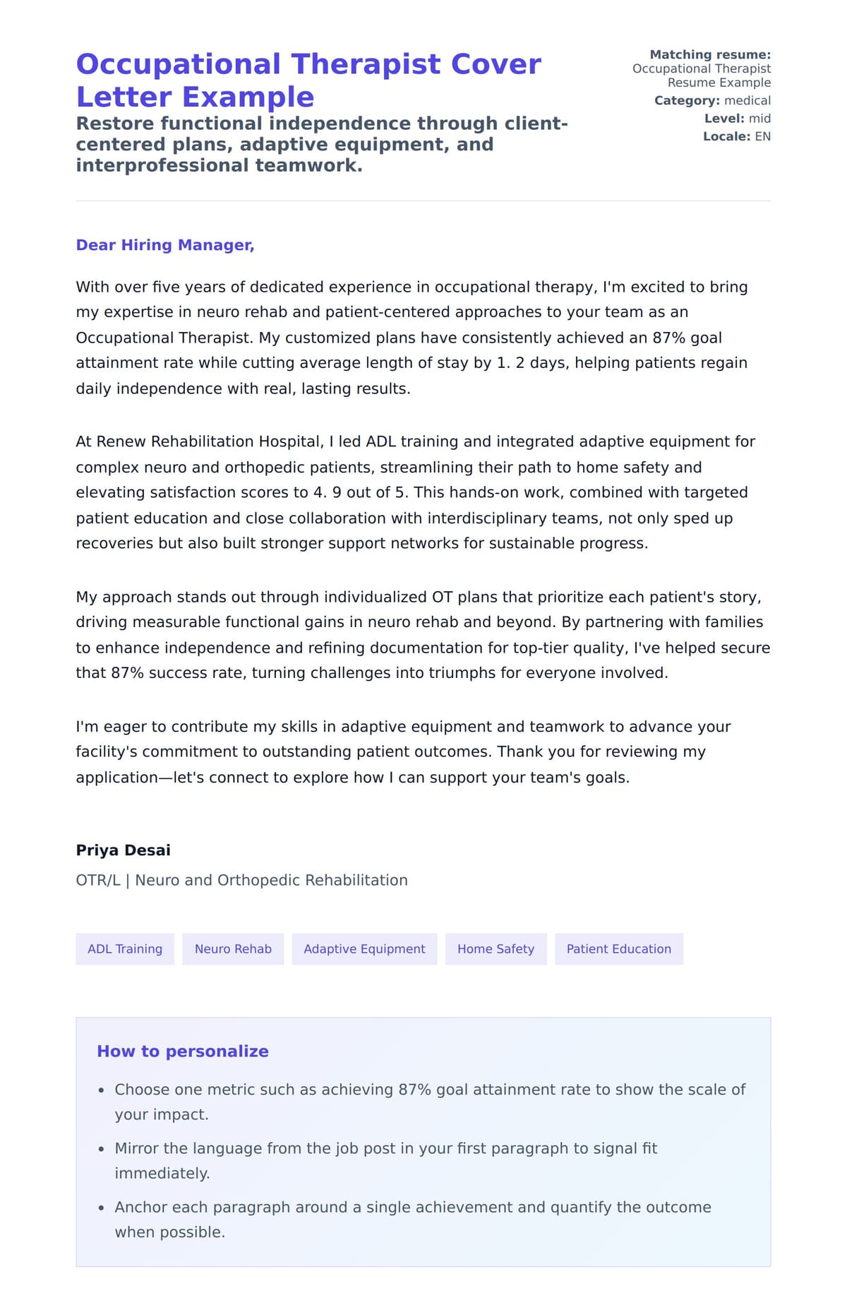 Cover Letter preview for Occupational Therapist Cover Letter Example